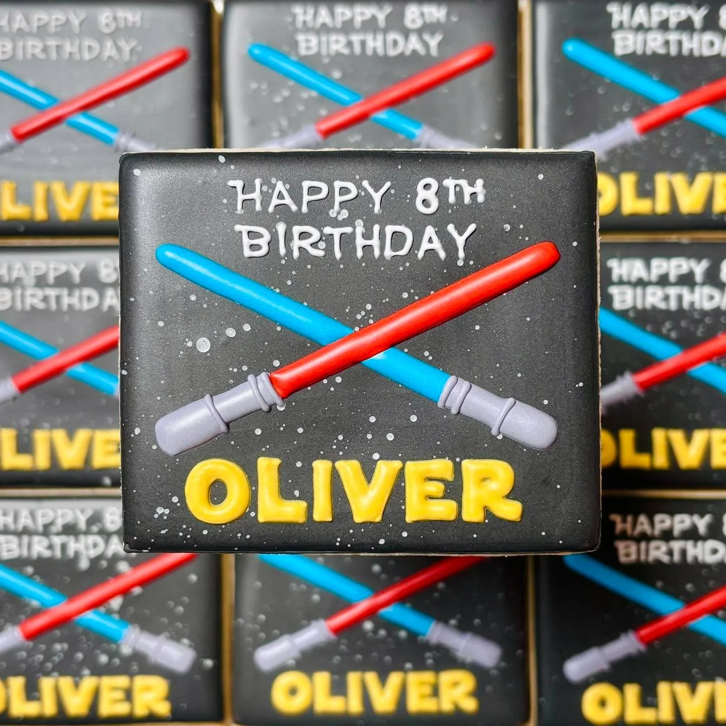Cookies for a birthday celebration! 🎉
.
.
.
. 
#lightsaber #starwarscookies #starwars #thisis8 #happybirthday #happybirthdaycookies #birthdaycookies #birthdaytreats #birthdaypartyfavors #partyfavors #momsofinstagram #cookiefavors #royalicing #royali