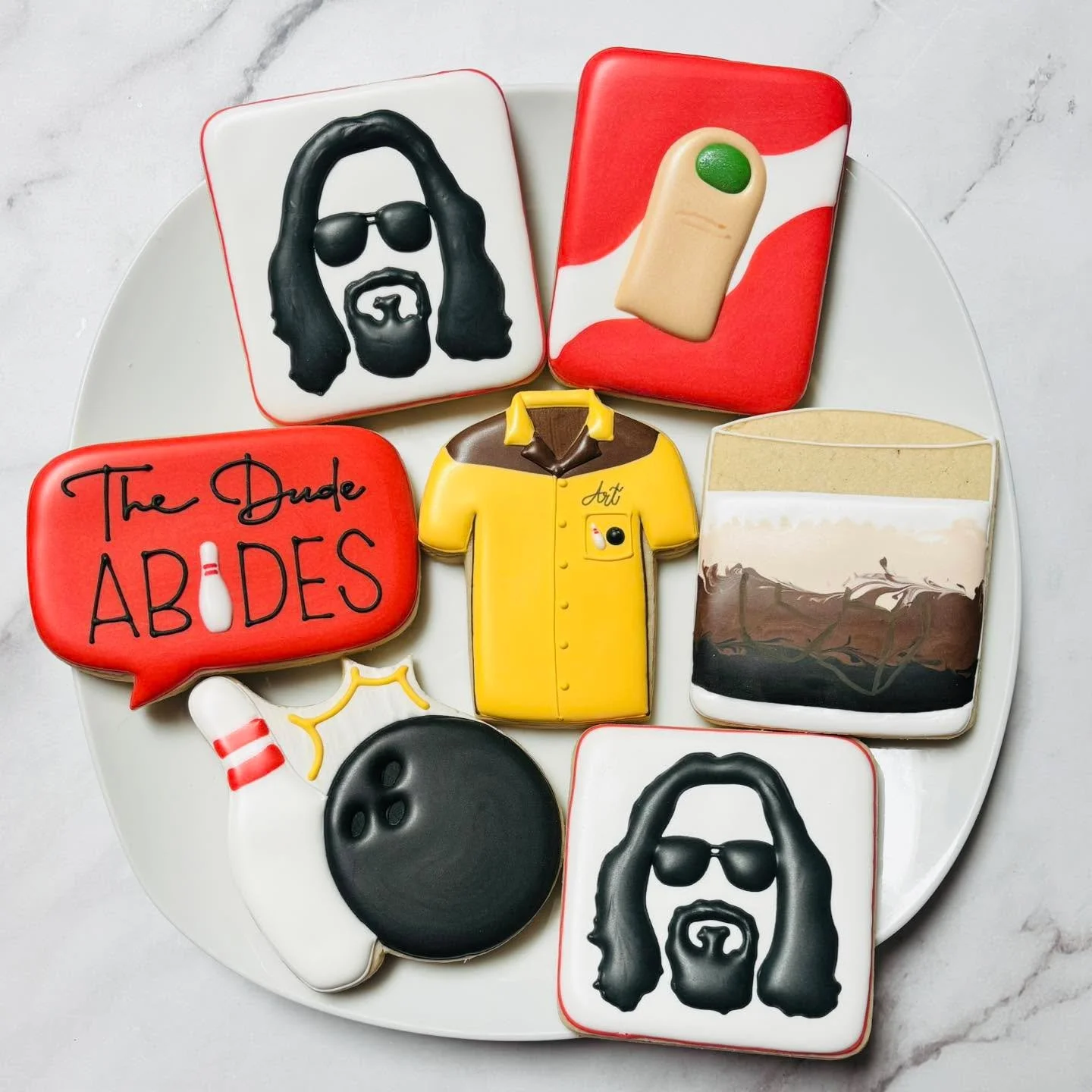 The Big Lebowski-themed cookies for a birthday celebration! 🎉😎🦶🎳
.
.
.
. 
#thebiglebowski #thisis50 #bowling #bowlingcookies  #happybirthday #happybirthdaycookies #birthdaycookies #birthdaytreats #birthdaypartyfavors #partyfavors #momsofinstagram