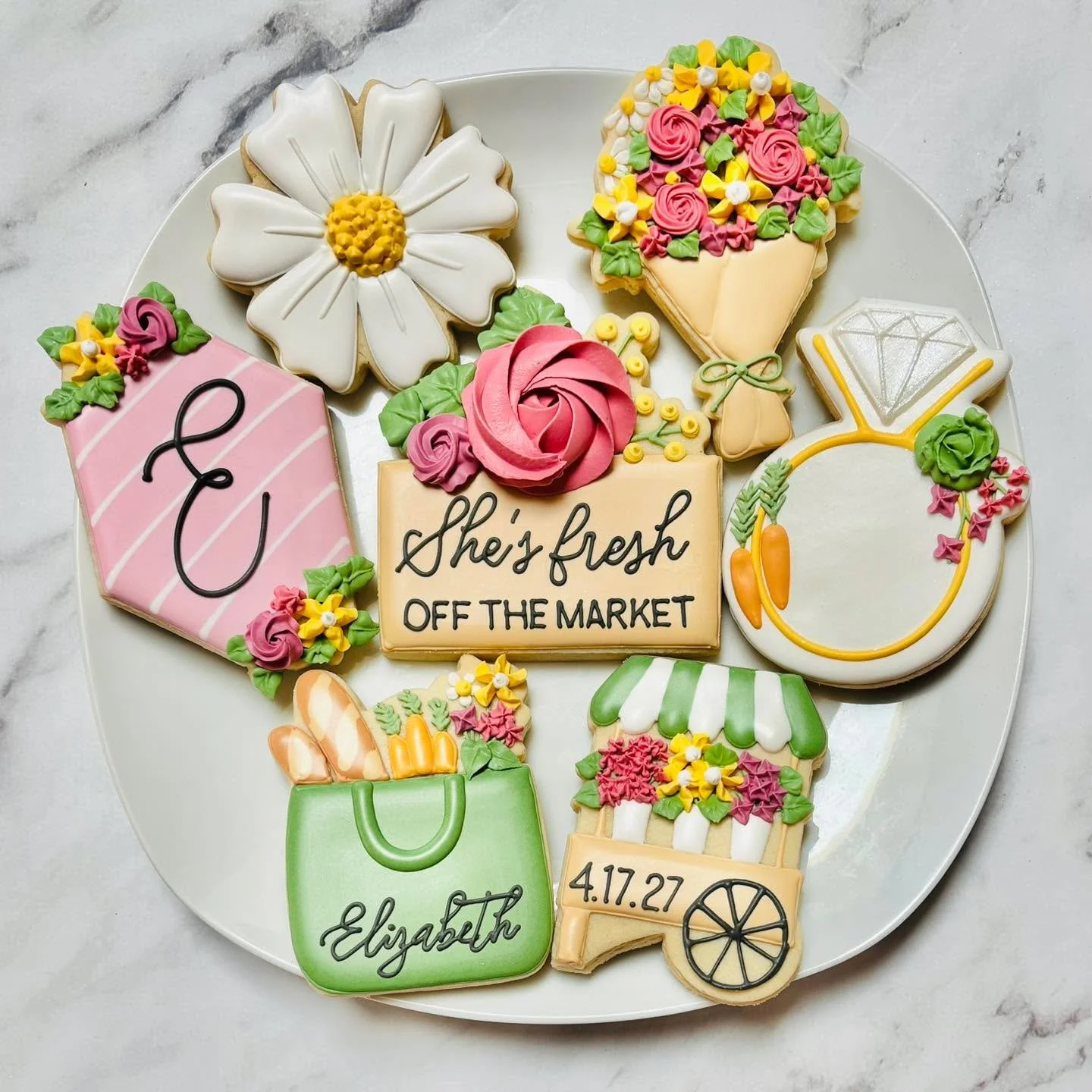 Cookies for a bridal shower! 🎉💐
.
.
.
.
#freshoffthemarket #weddingshower #bridalshower #bridalshowercookies #farmersmarket #mrandmrs #weddingcookies #weddingfavors #royalicing #royalicingcookies #cookiefavors #decoratedsugarcookies #customcookies 