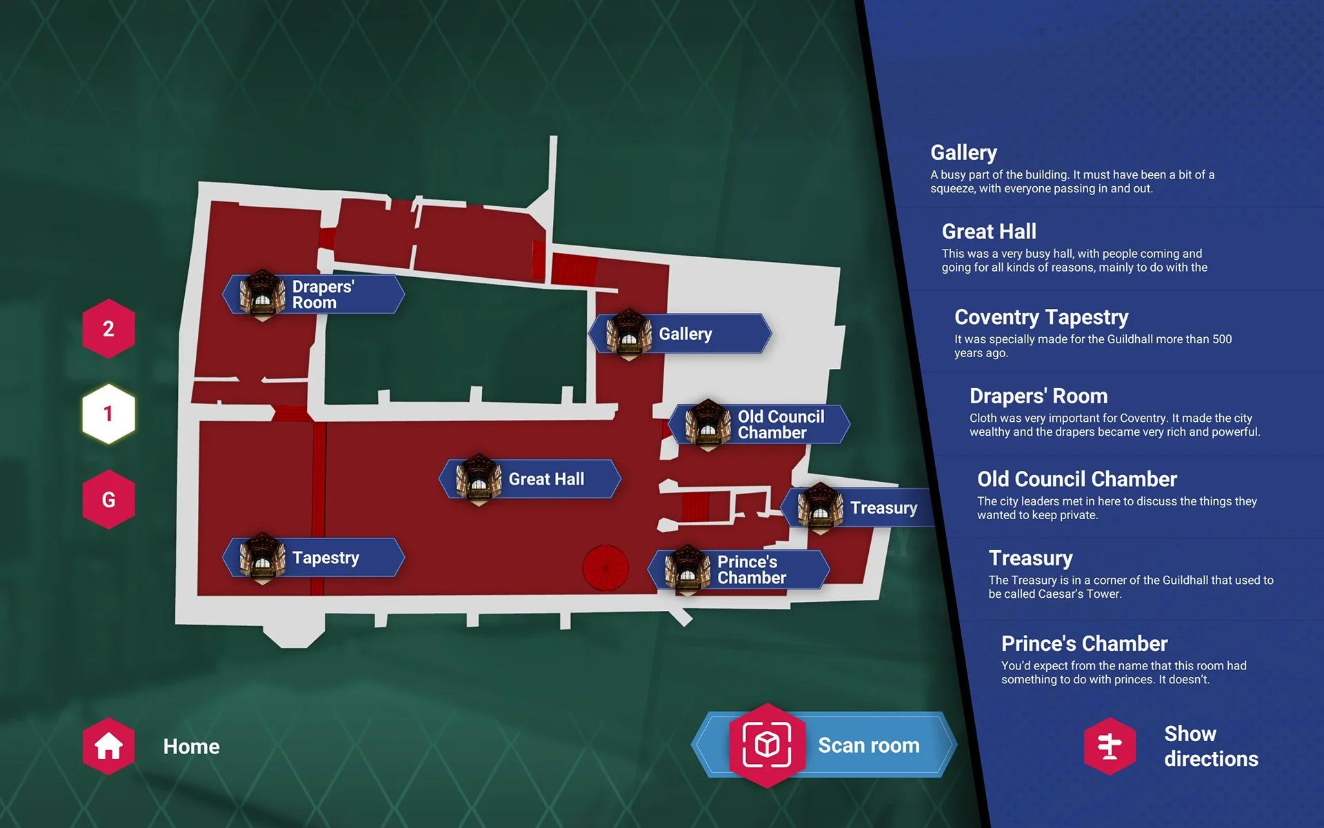 Map screen for the tablet. Follow the directions to get to the next area, or use the list at the side to find specific locations.