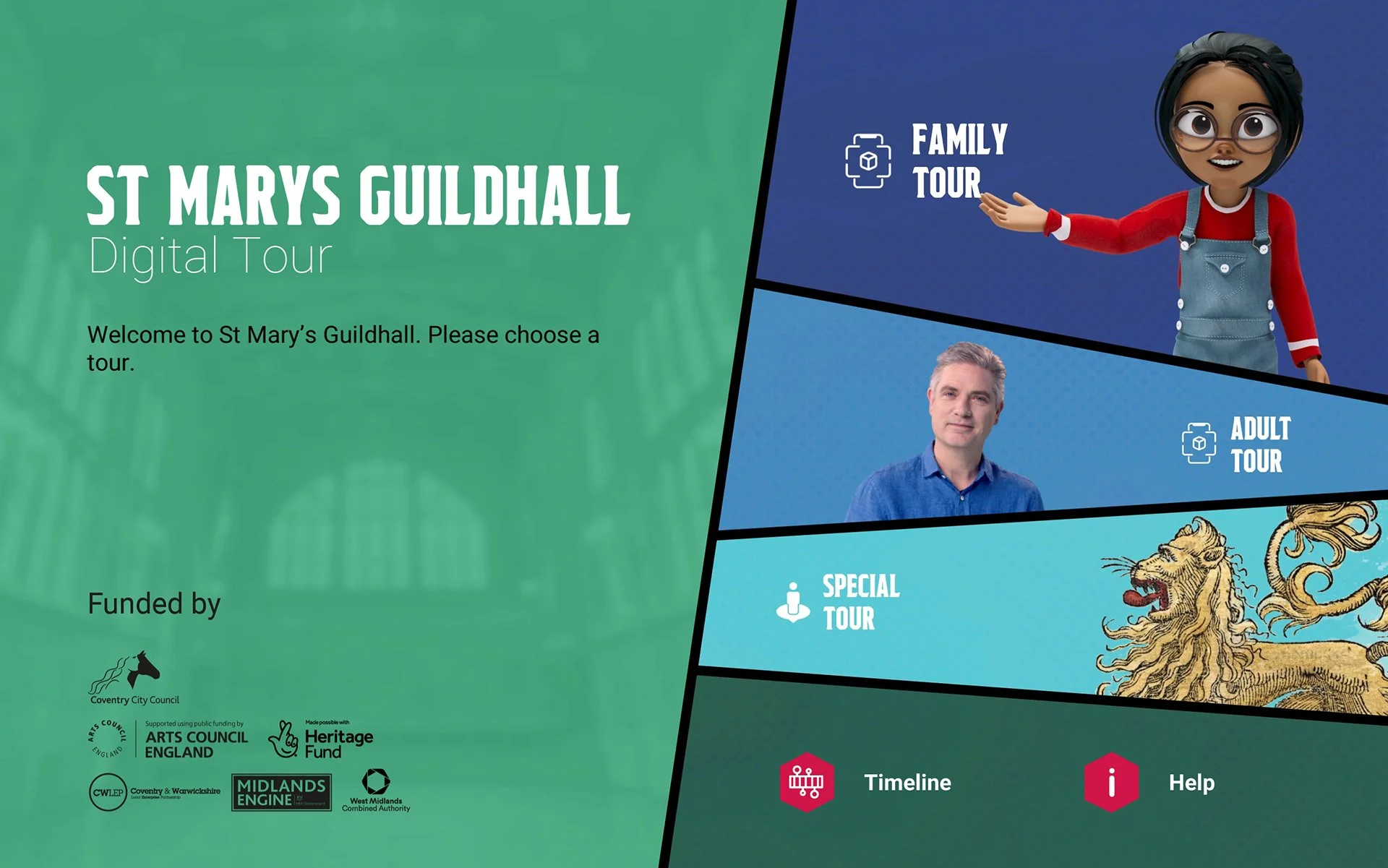 Home screen UI for the tablet. Choose a tour!
