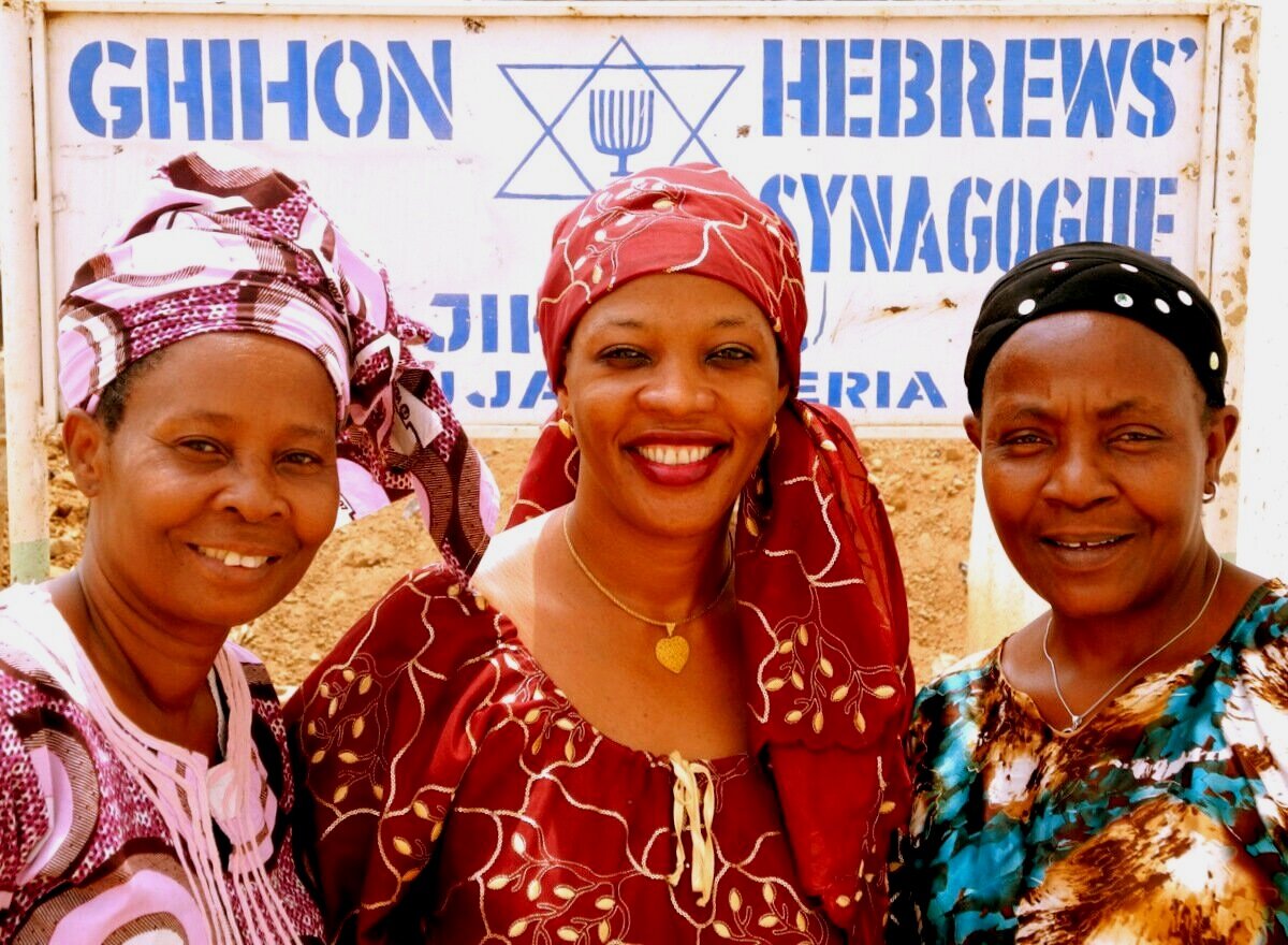 Dinah Anugwa, Sarah Ezenwa, and Hadassah Agbai outside Gihon Synagogue in Abuja, Nigeria. Photo — Shai Afsai
