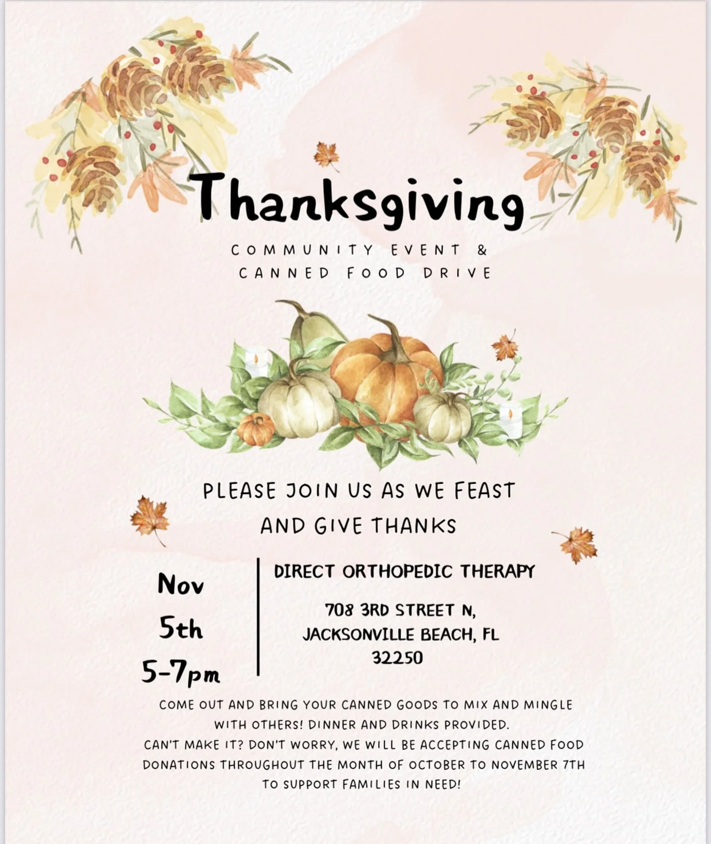 @directorthopedictherapy is hosting a canned food drive event for Thanksgiving! Support families in need as they accept canned donations till November 7th 🍁🍂