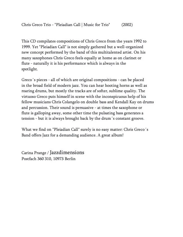 Review | Chris Greco Trio - Pleiadian Call   JazzDimensions 2002 GER
