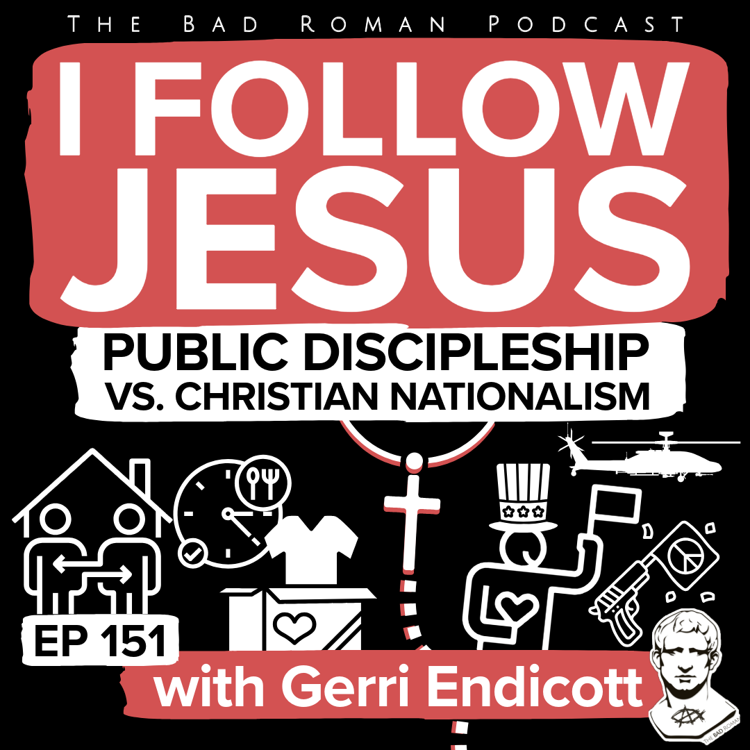 Black and red cover showing “I FOLLOW JESUS,” subtitle on public discipleship vs nationalism, EP 151 tag, service icons on left, politics icons on right.