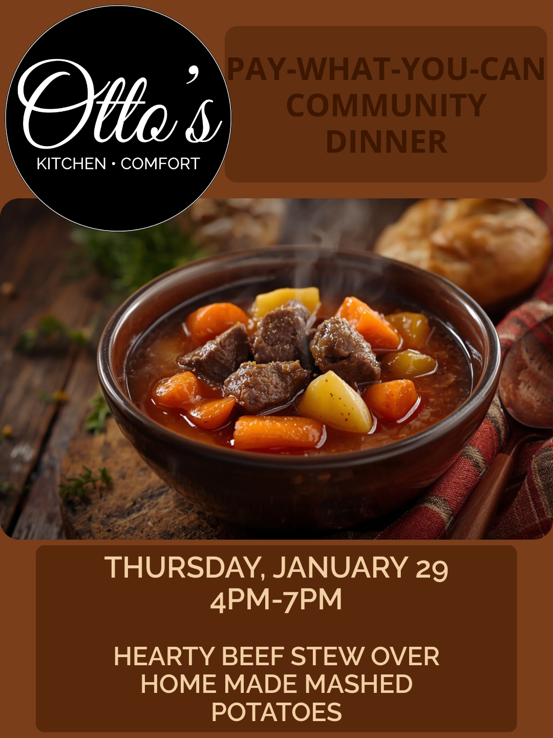 January 29 Pay-What-You-Can Community Dinner at Otto’s in Pittsfield, MA