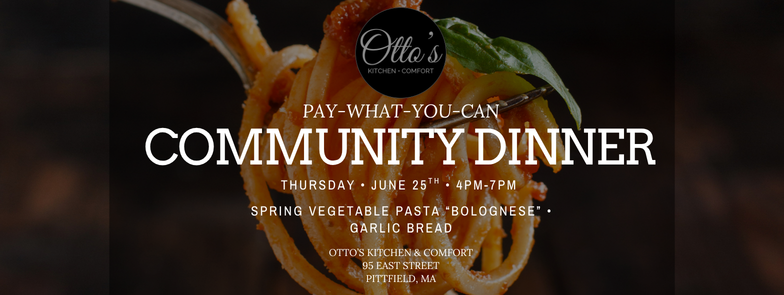 Fresh vegetarian pasta bolognese on a fork with fresh basil to advertise for Otto's Kitchen & Comfort pay-what-you-can community dinner event on June 25, 2026 from 4pm to 7pm.
