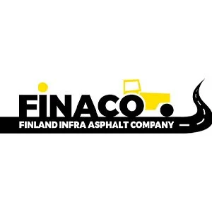 Finaco-logo, joka sisältää tekstin "Finland Infra Asphalt Company" ja keltaisen puskutraktorin kuvion.