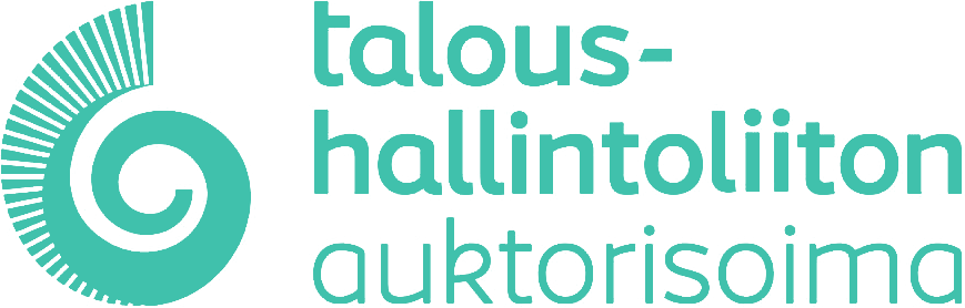 Logo, jossa lukee "taloushallintoliiton auktorisoima" ja on kierrekuvio vasemmalla.