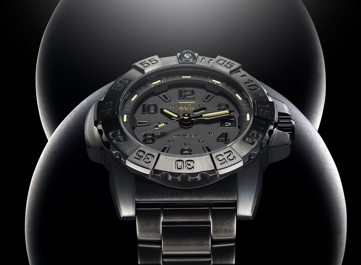 Professional product photography of Luminox 329 tactical watch. NYC-based still life photographer specializing in luxury watch and product photography. High-end hero shot showcasing precision timepiece design and craftsmanship.