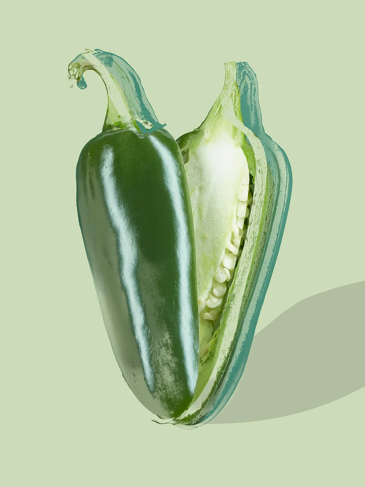 A sliced green jalapeño pepper showing seeds and interior texture against a pale mint background by Takamasa Ota.