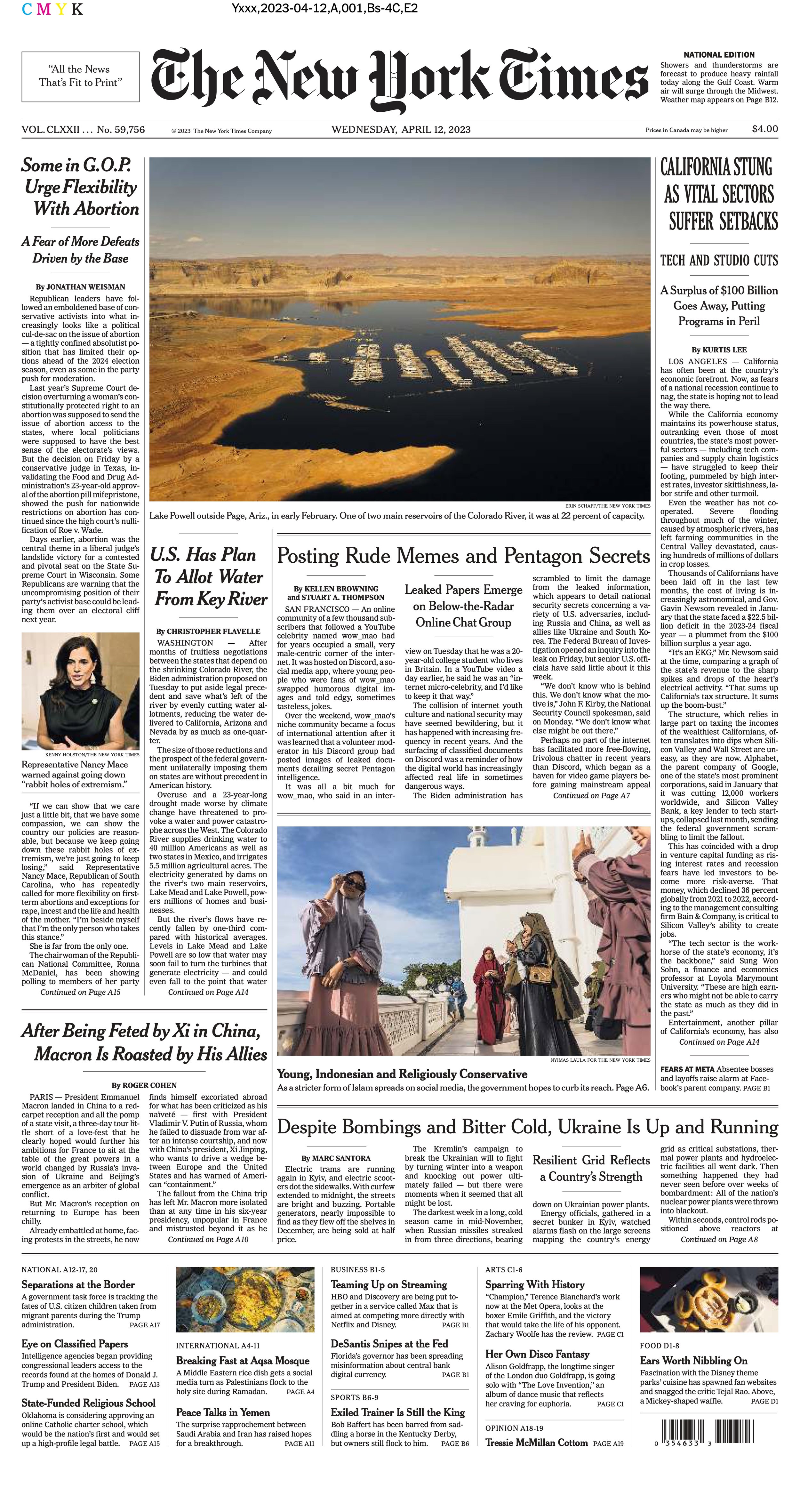 The New York Times Front Page, April 12, 2023.