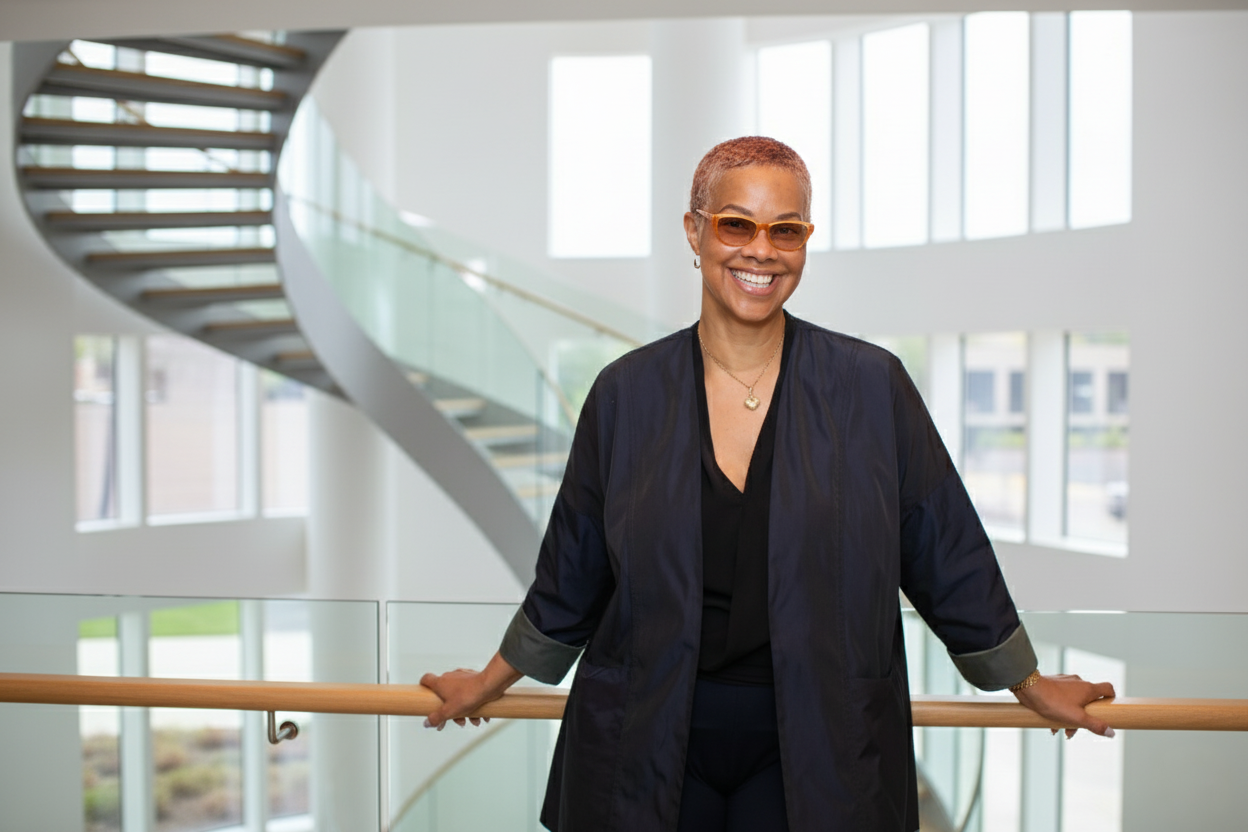 A smiling woman with short curly hair and sunglasses standing in a modern building lobby by a wooden railing, with a spiral staircase and large windows in the background.