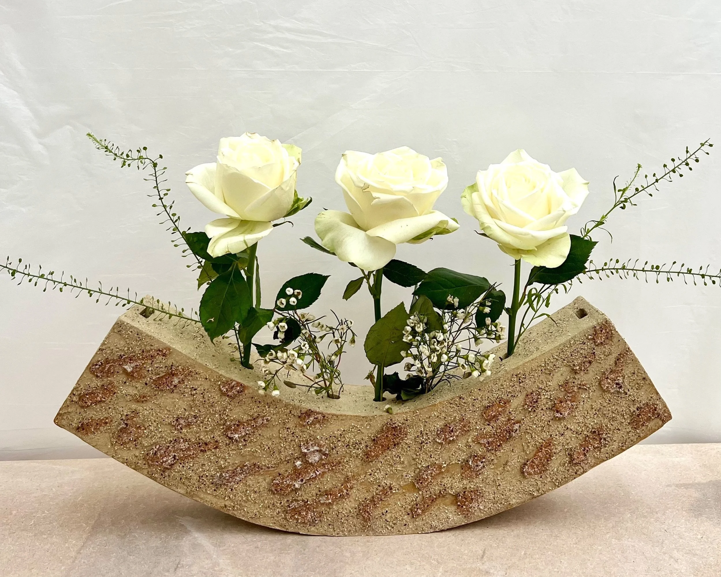  Crank clay and mixed Raku clays with white barium glaze  7 holes  L45.5cm x H17cm x D6cm   