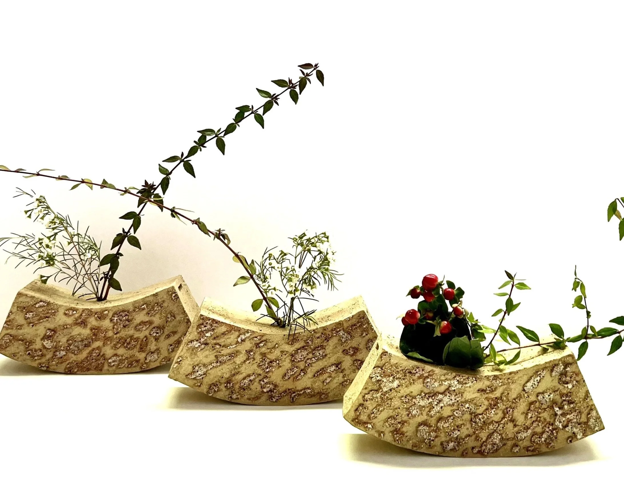  Crank clay and mixed Raku clays with white barium glaze  L24.5cm x H10.5cm x D6cm   