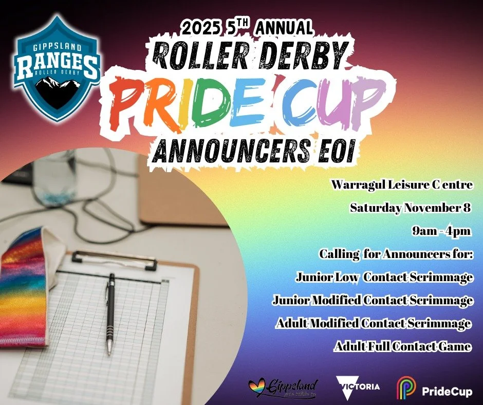 🎤 Do you have commentating experience and love roller derby? 🎤

Join us at our 5th Annual Roller Derby Pride Cup - Gippsland as an announcer! 

Pride Cup is more than just a game - it represents and celebrates who we are, who we skate with and what