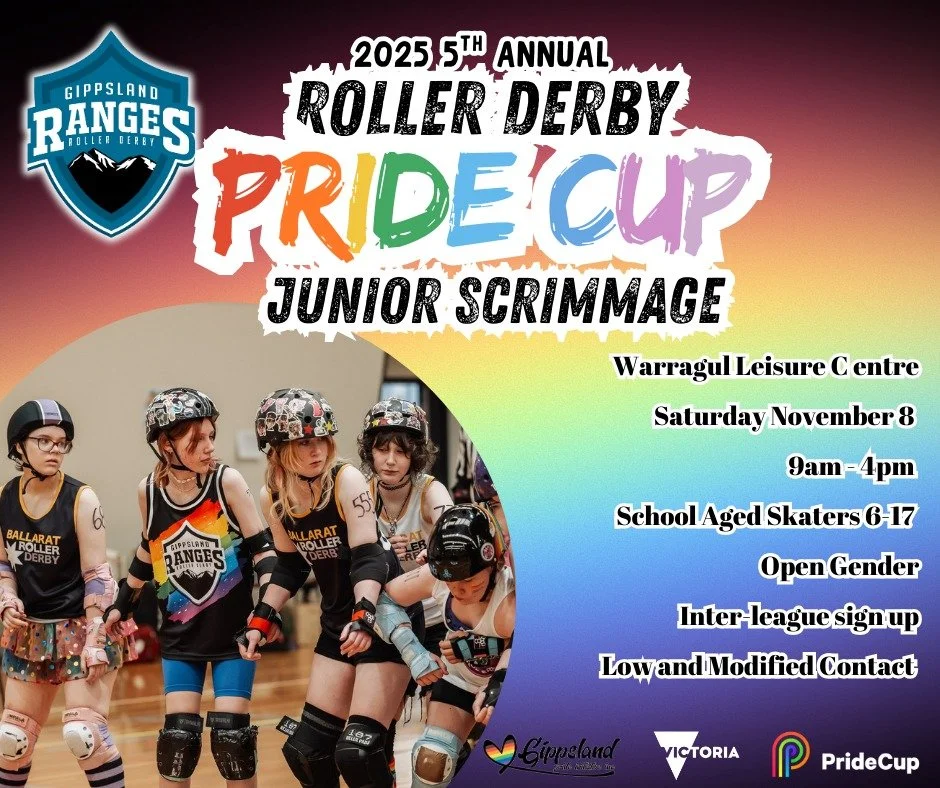 📣 Calling Junior Skaters! 📣

For the second year in a row, we are offering scrimmage opportunities for derby skaters aged 6-17 at our 5th Annual Roller Derby Pride Cup - Gippsland 

Low and Modified Contact Levels. All Genders. Inter-league skating