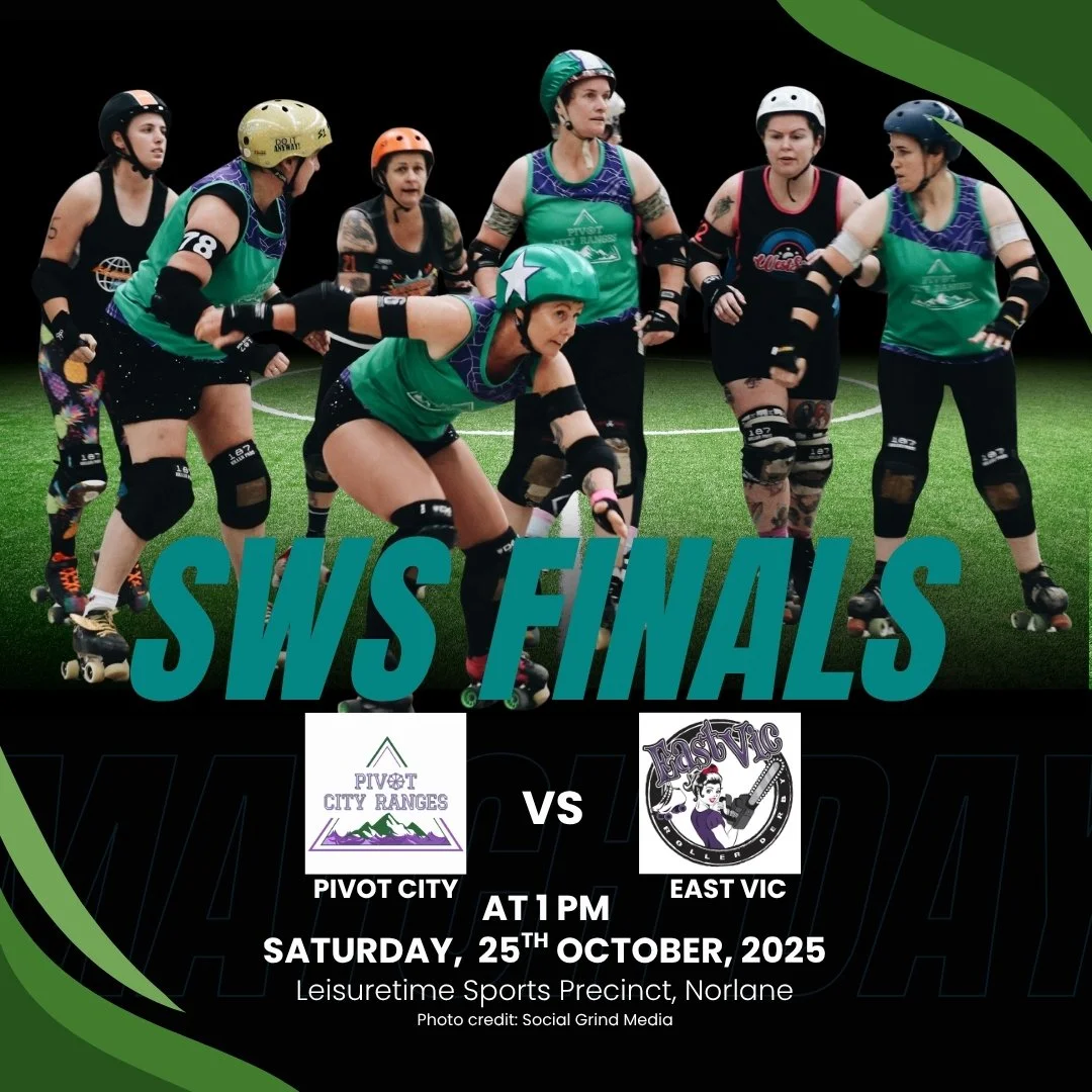 Derby fans, it's almost time!
Our final game of the year for Statewide Stampede - Victorian Roller Derby Tournament is coming up - Pivot City Ranges vs East Vic Roller Derby! 
📅 Saturday 25 October | 🕐 1pm
Don&rsquo;t miss the hits, the speed and t