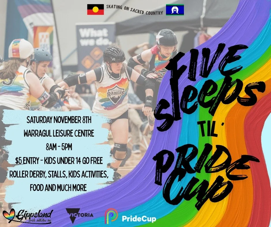 Just five more sleeps until we roll into our 5th Annual Roller Derby Pride Cup - Gippsland 
Check out our Facebook event to see what's on! 

❤️🧡💛💚💙💜 💙🩷🤍🩷💙

Pride Cup is bought to you by GRRD in partnership with @gippsland_pride and @pridecu