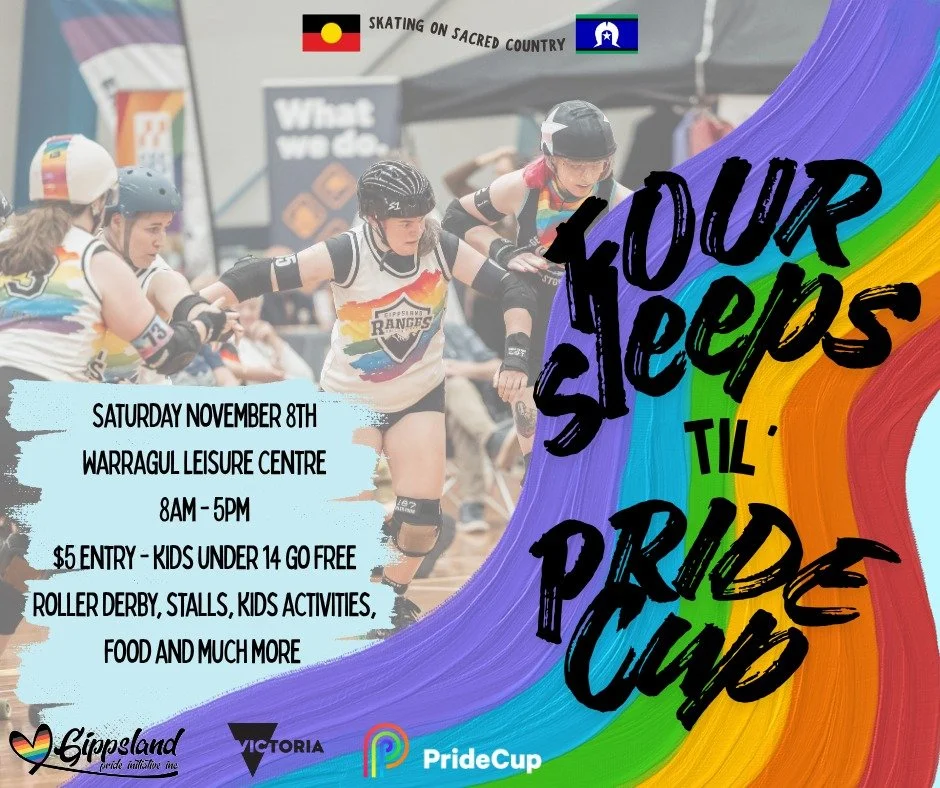 Just four more sleeps until we roll into our 5th Annual Roller Derby Pride Cup - Gippsland
Check out our Facebook event to see what's on!

❤️🧡💛💚💙💜 💙🩷🤍🩷💙

Pride Cup is bought to you by GRRD in partnership
with @gippsland_pride and @pridecup 