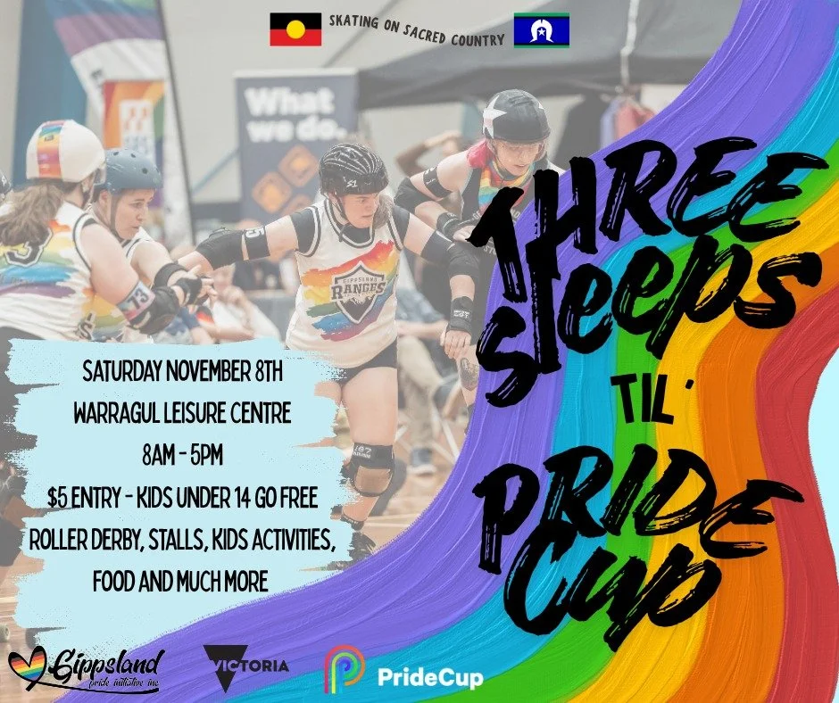Just three more sleeps until we roll into our 5th Annual Roller Derby Pride Cup - Gippsland
Check out our Facebook event to see what's on!

❤️🧡💛💚💙💜 💙🩷🤍🩷💙

Pride Cup is bought to you by GRRD in partnership
with @gippsland_pride and @pridecup