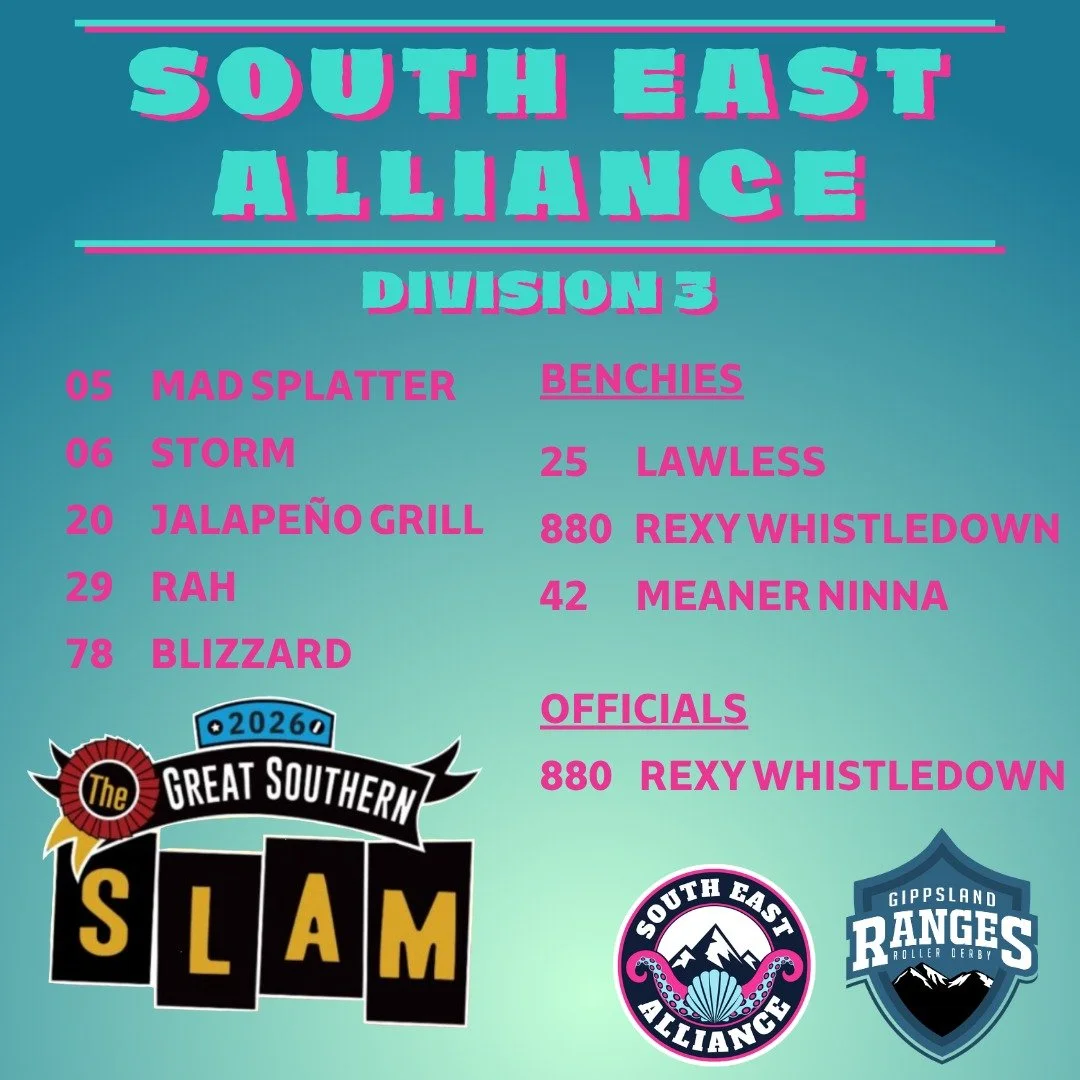 TGSS is almost here! 🚗✈️
The Gippy Ranges are heading to Adelaide this weekend to join forces as The South East Alliance and compete in Division 3 at The Great Southern Slam!

On Sunday at 9am we'll take on East Vic Roller Derby on Track 3, followed