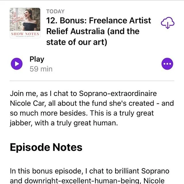 SUCH a big joy to chat to the super special @nicolecarsoprano all about the incredible initiative she&rsquo;s started @freelanceartistrelief fund. She&rsquo;s intelligent, generous of spirit, full of insight, and pretty darn visionary. Listen in not 