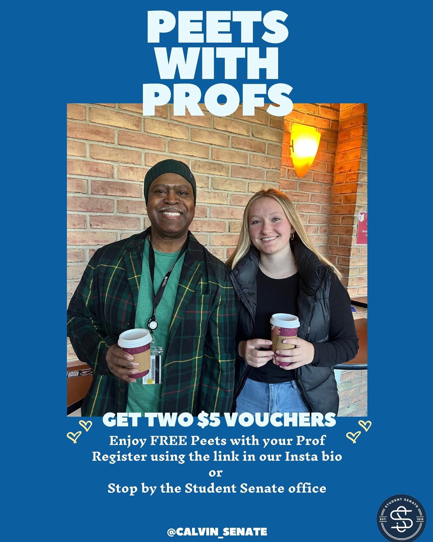 Peet&rsquo;s with Profs and T.Y.P.O (take your Professor out) are now available! Grab a FREE coffee or lunch with your favorite Professor ON US! 

Link in bio to register! Or visit us in the Student Senate office on campus.
