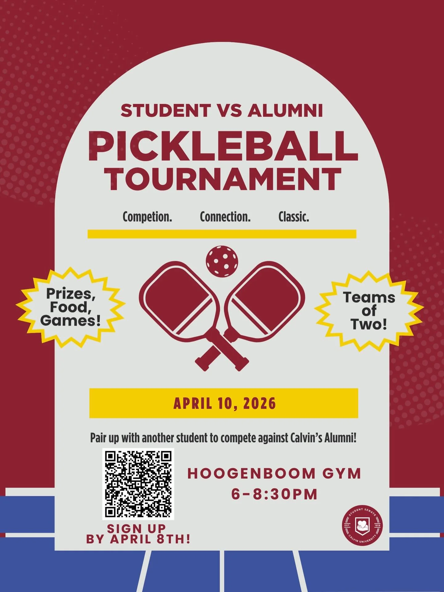 CALLING ALL STUDENTS &amp; ALUMNI!! 
join us for our second annual student versus alumni pickle ball tournament on April 10 ‼️
Sign up link in bio and QR code 🏓
