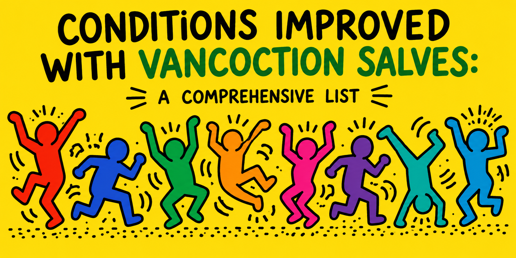 Colorful joyful figures dancing and moving beneath the title Conditions Improved with Vancoction Salves: A Comprehensive List.