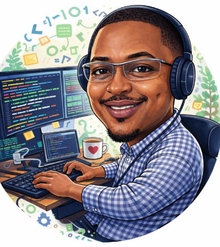 A smiling man with glasses, wearing headphones, working at a desk with multiple computer screens showing code, a coffee mug with a heart, and surrounded by digital icons and graphics related to programming and technology.
