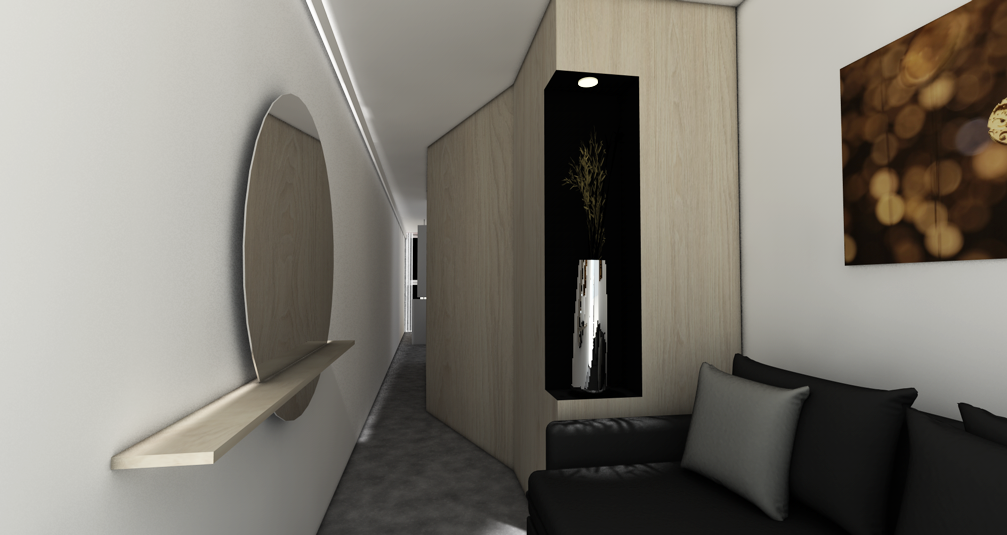 Moderner Flur mit Spiegel, schwarzem Sofa, Wandkunst und dekorativer Vase in Nische