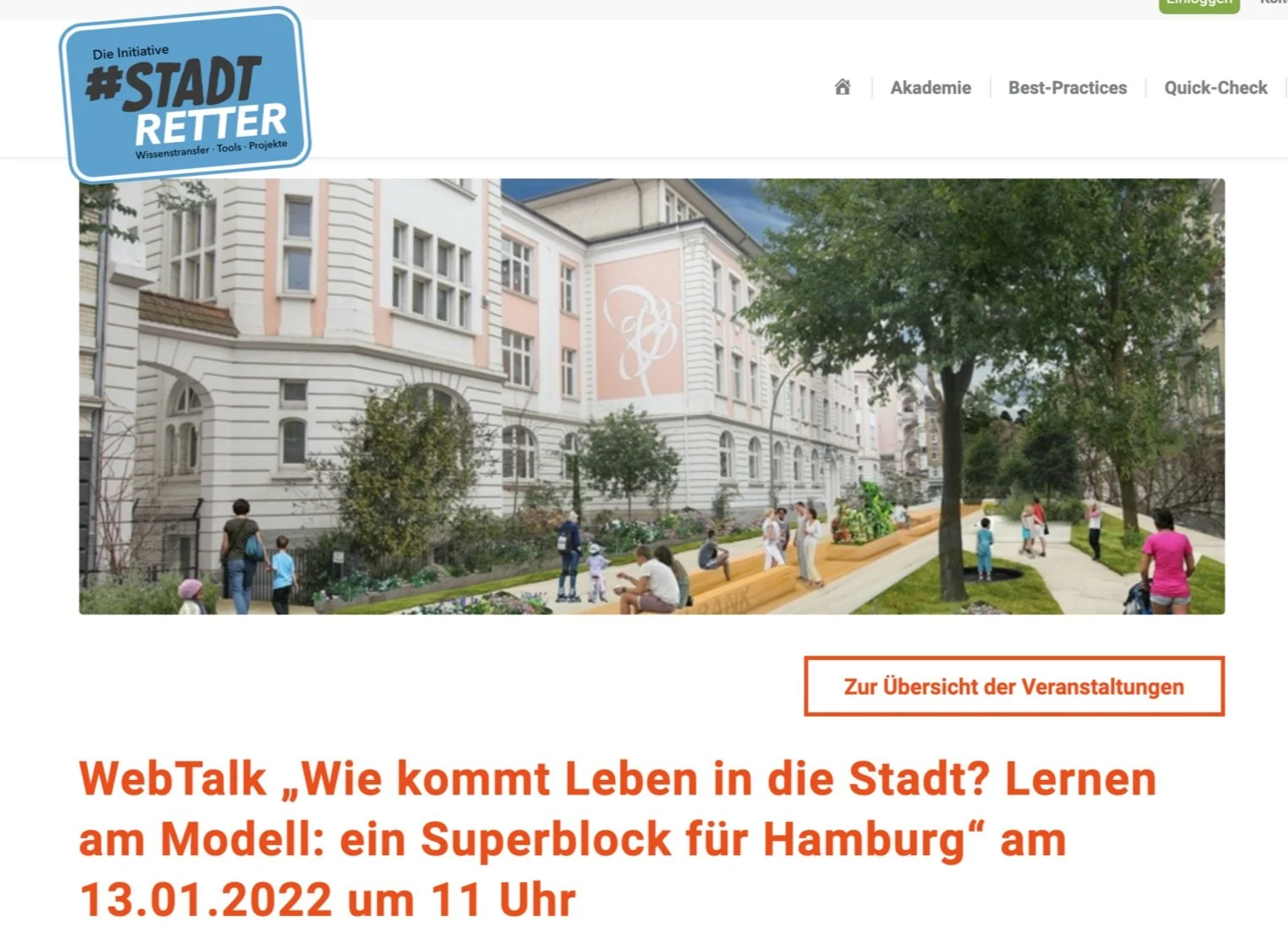 Bild mit Ankündigung WebTalk Wie kommt Leben in die Stadt 13.1.22. Auf dem Bild: Visualisierung von CITIES FOR FUTURE für die Rellinger Straße im Superbüttel.