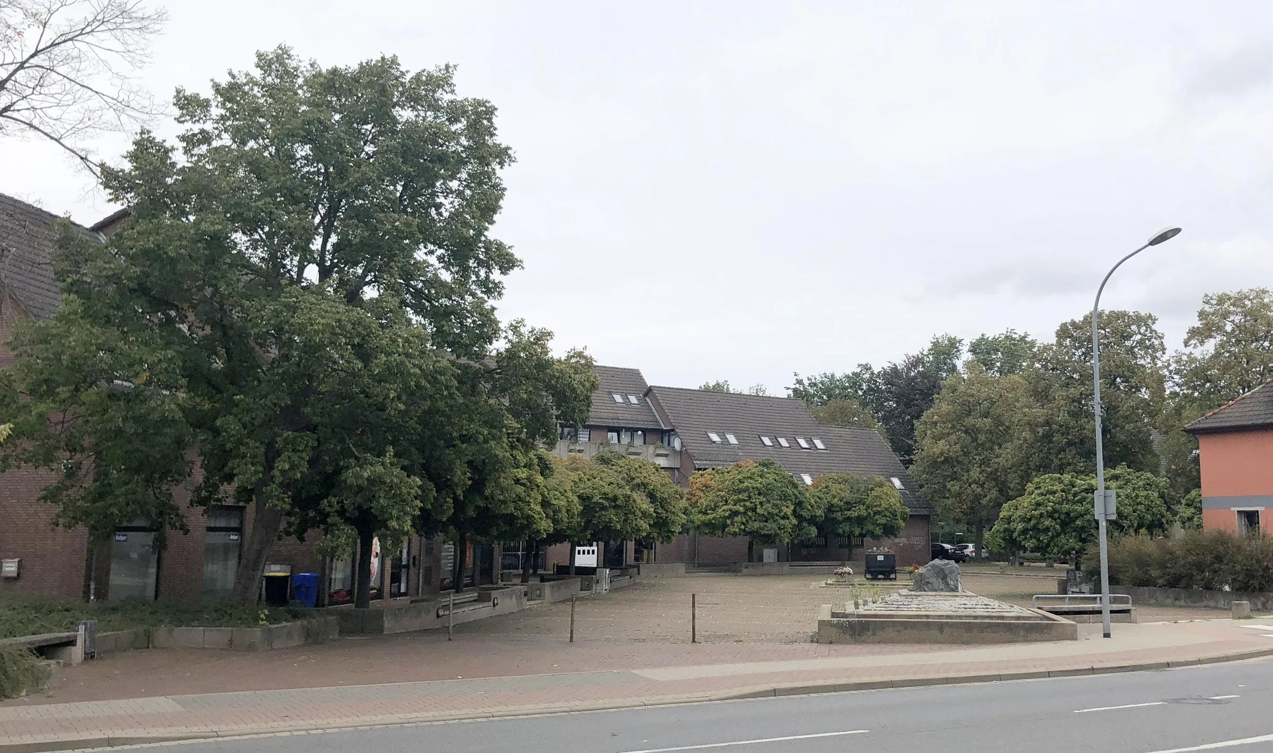 Foto vom Marktplatz Vienenburg. Vorne eine Straße, dann ein Brunnen ohne Wasser und ein leerer Platz. Am Rand Bäume und Gebäude.