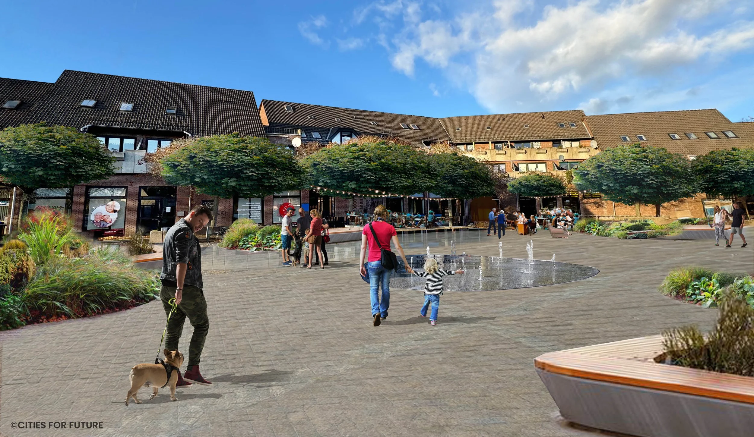 Visualisierung des Vienenburger Marktplatzes von CITIES FOR FUTURE. vorne spazierende Menschen, weiter hinten spielende Kinder rund um einen Brunnen, hinten Bäume und Gebäude um dem Platz herum.