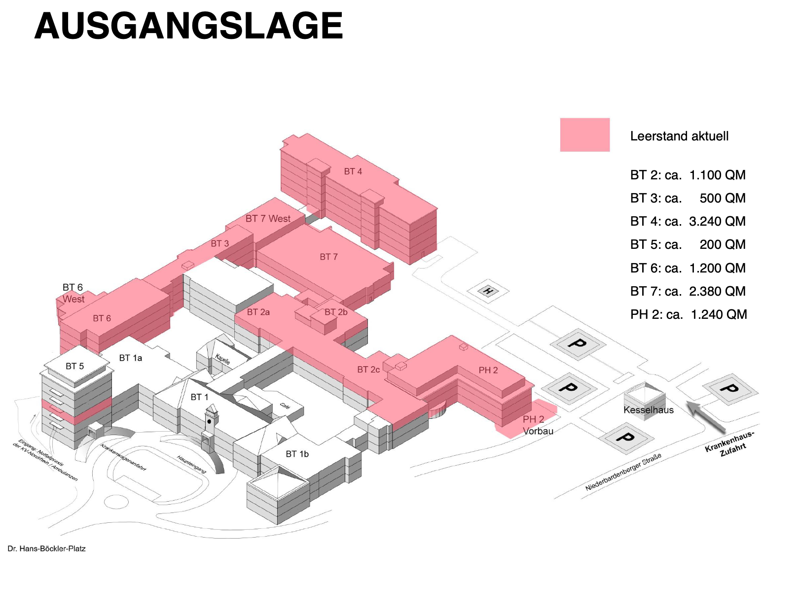 Visualisierung der Ausgangslage des Areals Vialife Campus Bardenberg mit farbig markierten und weißen Gebäudeteilen von CITIES FOR FUTURE.