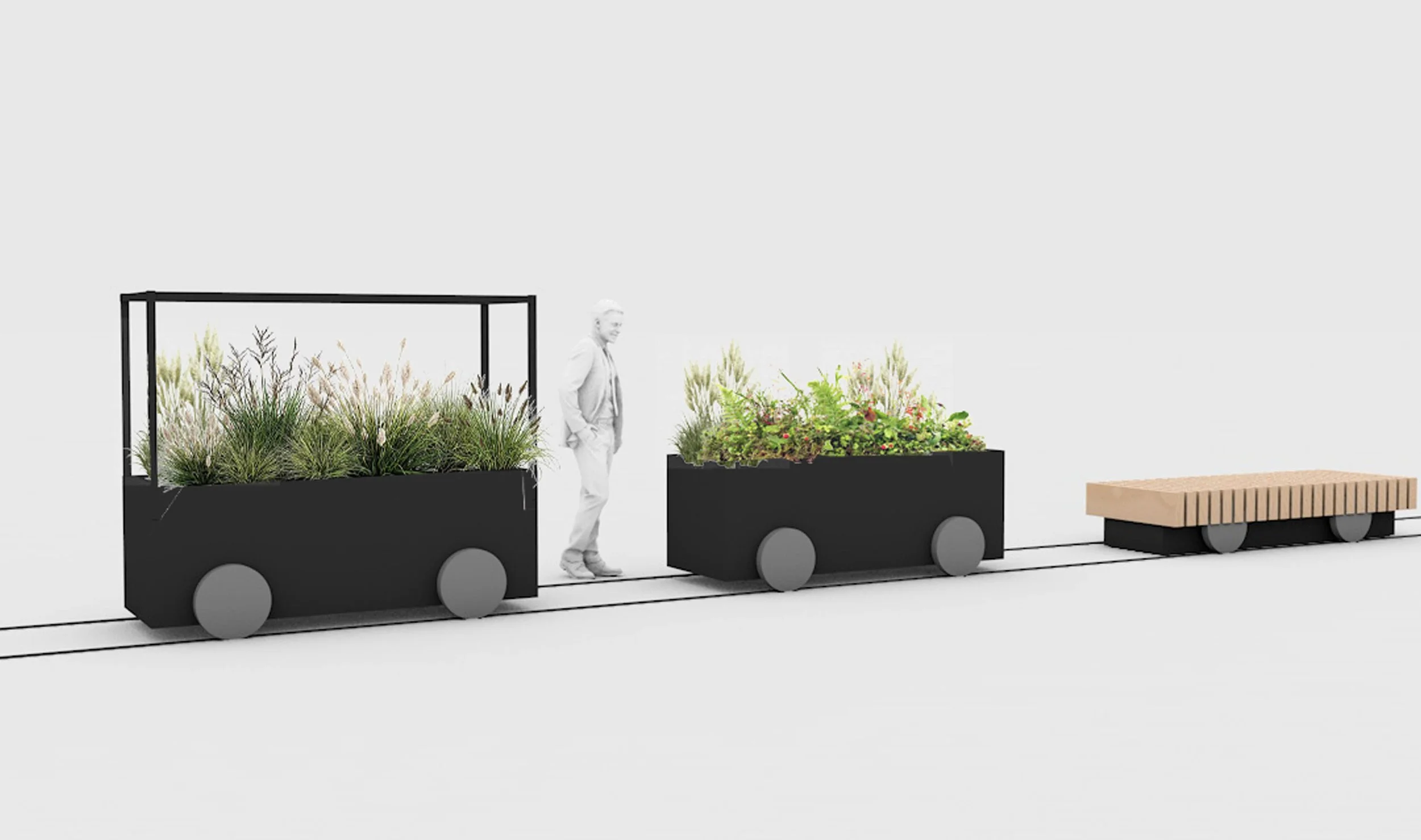 Visualisierung von CITIES FOR FUTURE für das Projekt Aufwertung Marktplatz Vienenburg. Eine Eisenbahn auf Schienen mit Pflanzen in den Wagons ist zu sehen. Auch eine Person ganz in weiß steht zwischen zwei Wagons.
