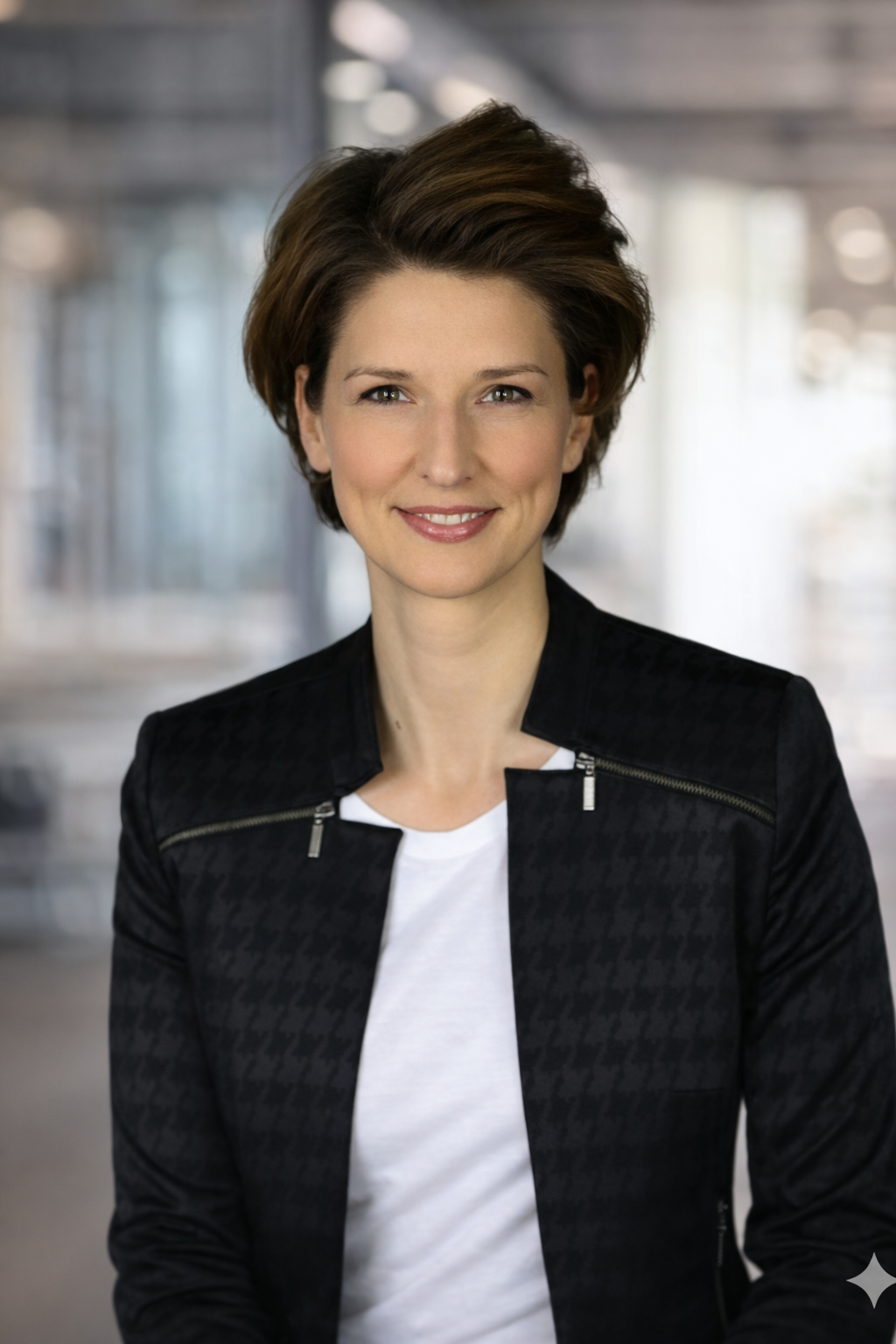 Porträt von Rebecca Faltins mit schwarzer Jacke und weißem T-Shirt, im Hintergrund eine moderne, helle Gebäude-Aula.