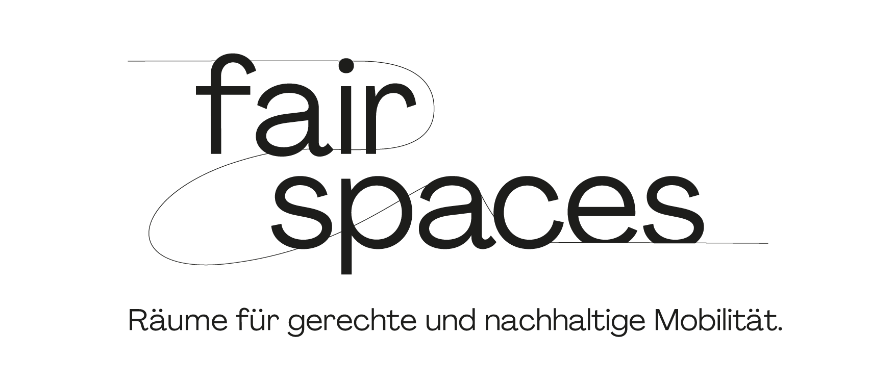 Logo mit den Worten "fair spaces" und dem deutschen Slogan "Räume für gerechte und nachhaltige Mobilität" darunter.