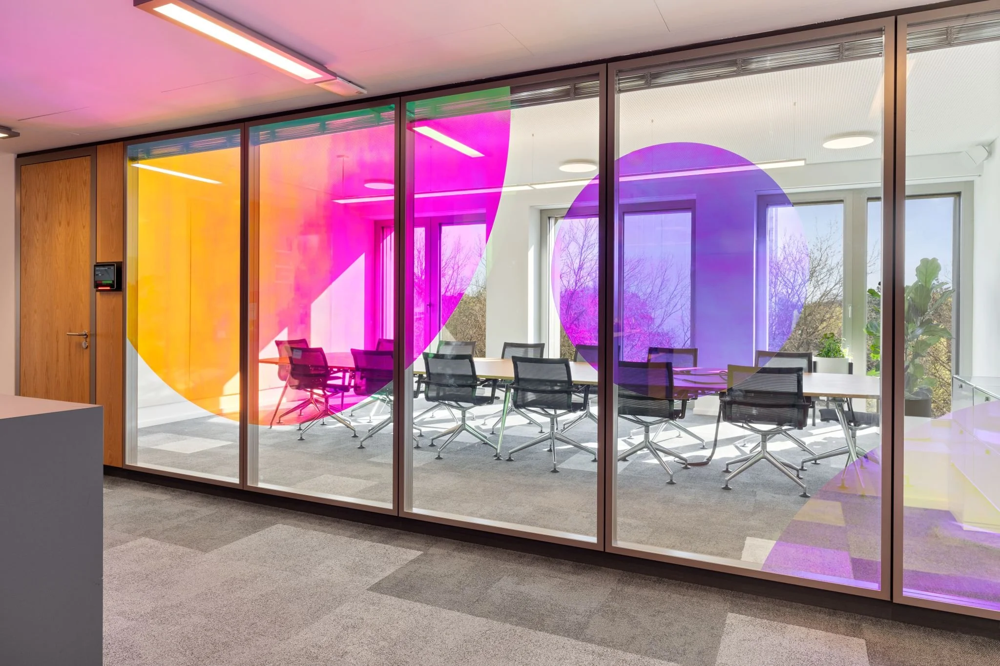 Dentsu Office: Ein Raum ist zu sehen, der durch bodentiefe Glasfenster mit einem bunten Kreis den Blick auf einen Konferenzraum mit Tisch und Stühlen ermöglicht. Links ist die Eingangstür aus Holz in diesen Raum zu sehen.