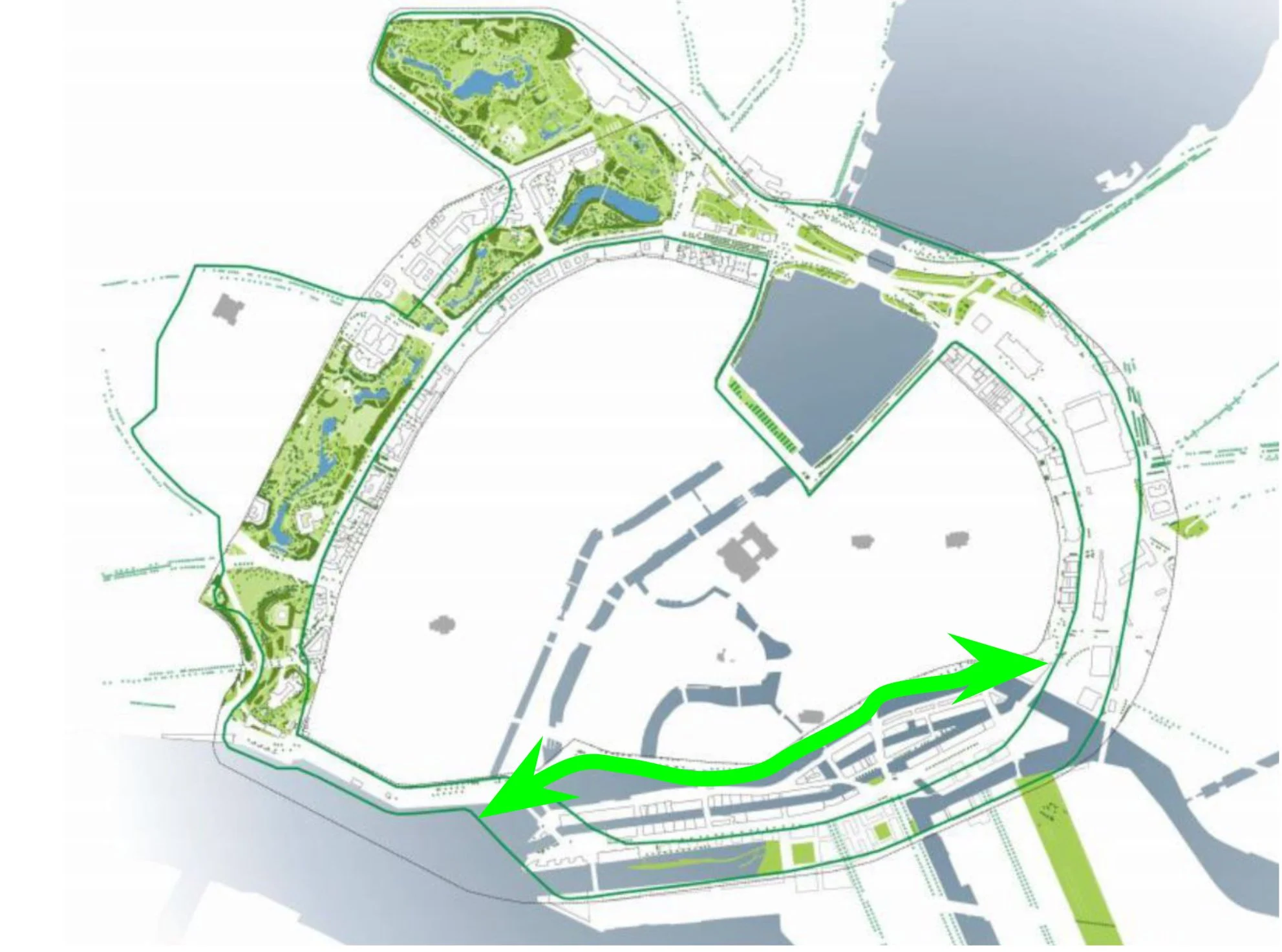 Karte mit Wallring von Hamburg, mit grünem Pfeil ist die Altsadtküste Hamburg gekennzeichnet.