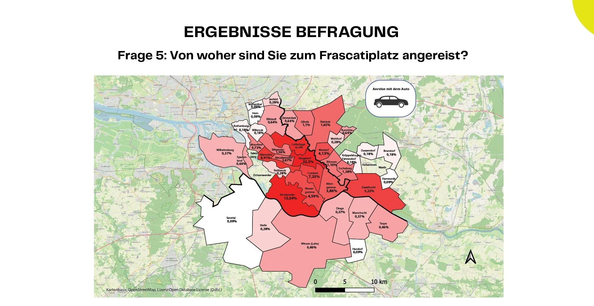 Karte mit Umfrageergebnissen Frascatiplatz Hamburg. Frage: Von woher sind Sie zum Frascatiplatz angereist?