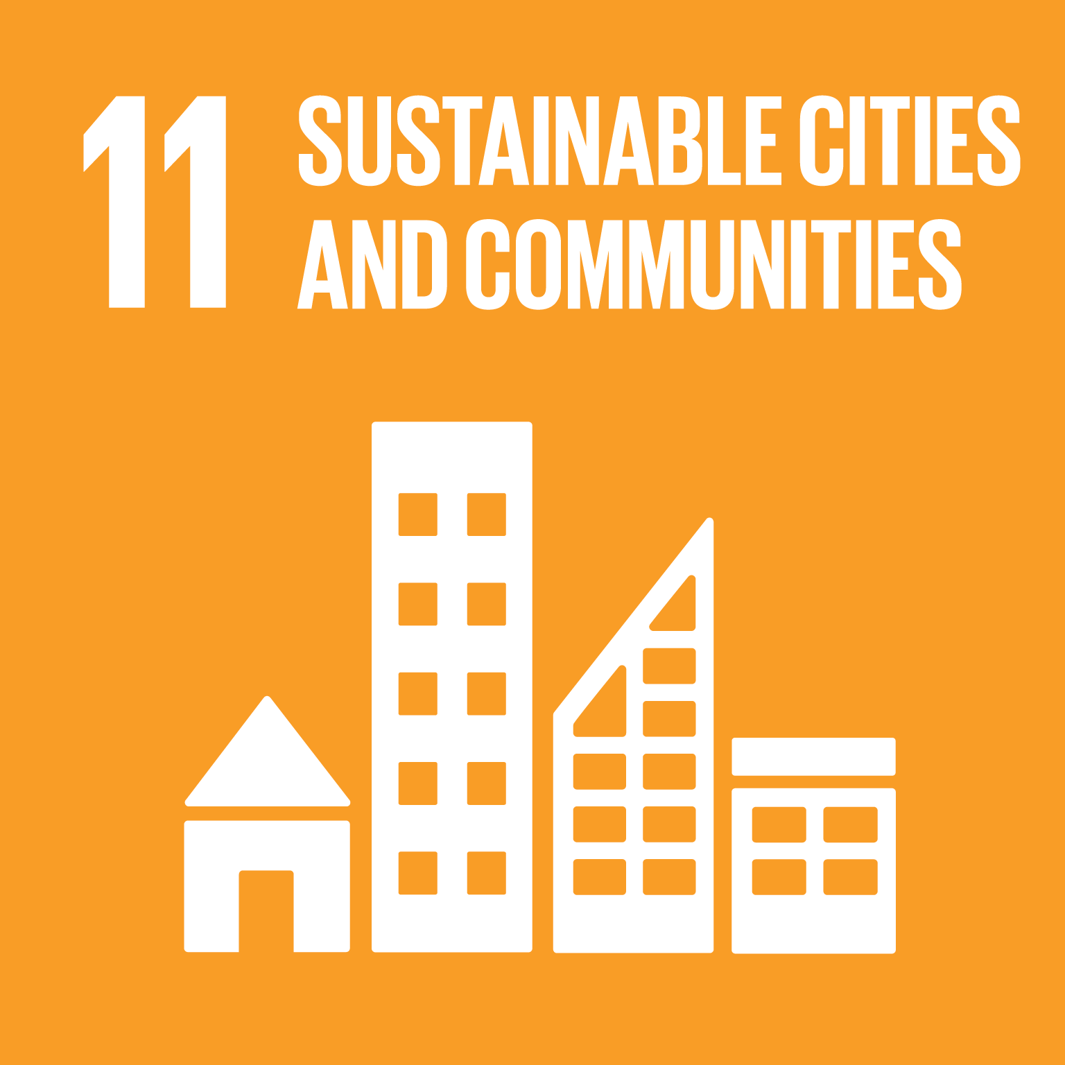 Quadrat in orange, darin 4 stlisierte Gebäude, Überschift 11 Sustainable Cities and Communities. Das ist das Symbol des 11. Nachhaltigkeitsziels der UN.