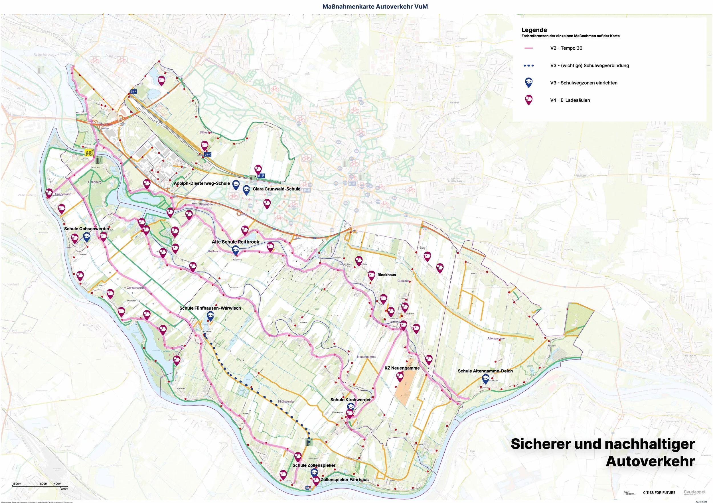Karte der Vier- und Marschlande mit eingezeichneten Symbolen an verschiedenen Stellen. Thema: sicherer und nachhaltiger Autoverkehr.
