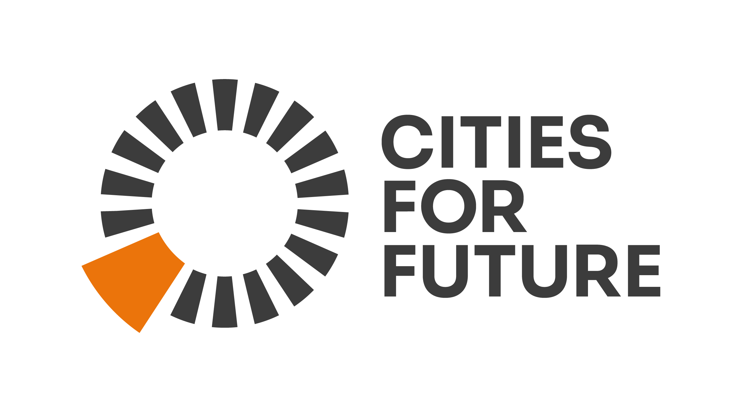 Cities for Future Logo bestehend aus einem Kreis mit schwarzen kleinen Stücken und links unten einem größeren Stück in orange. Rechts: Schriftzug CITIES FOR FUTURE.