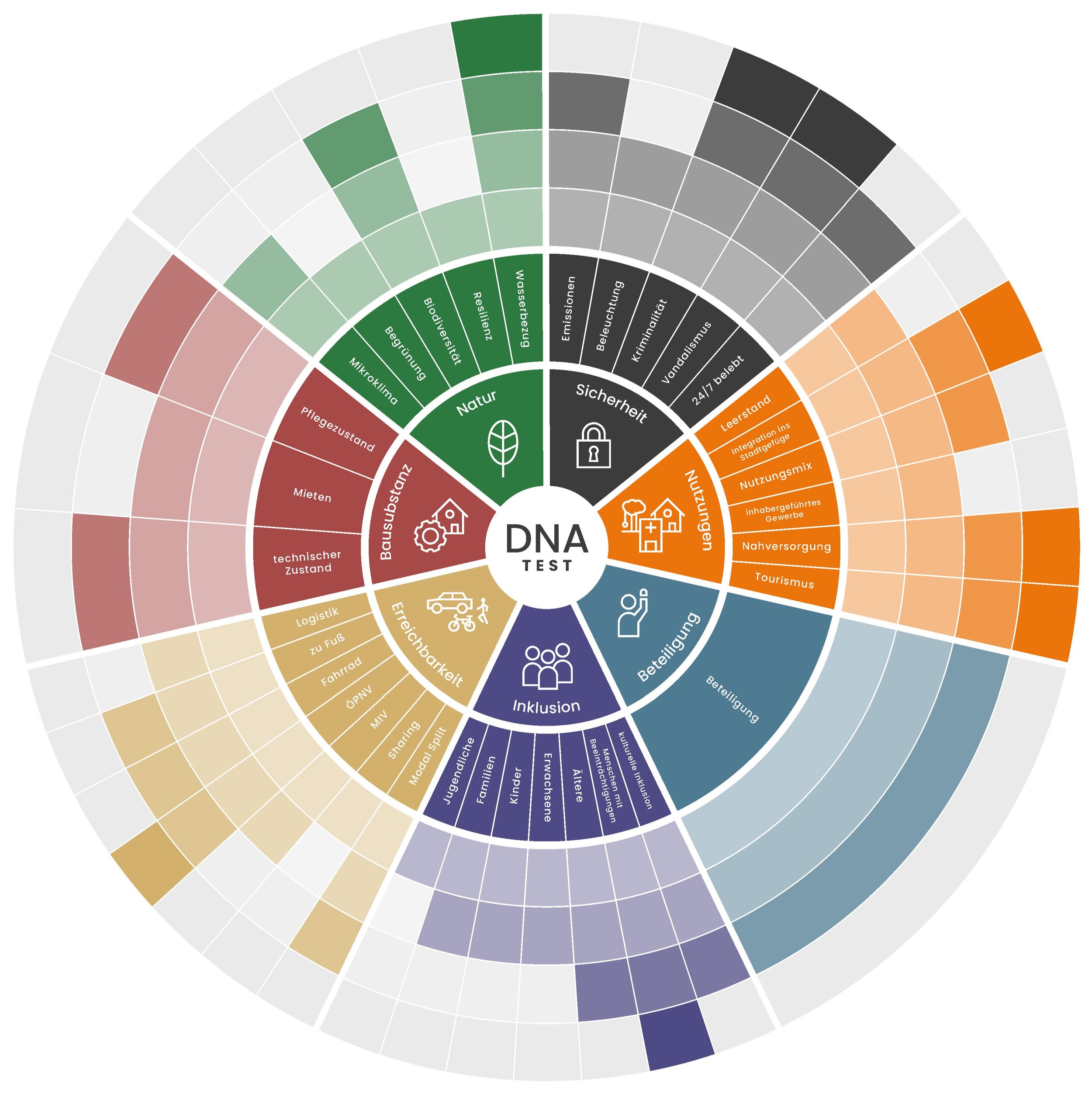 DNA-Test von CITIES FOR FUTURE. Kreisduagramm mit verschiedenen Farben für unterschiedliche Kriterien.