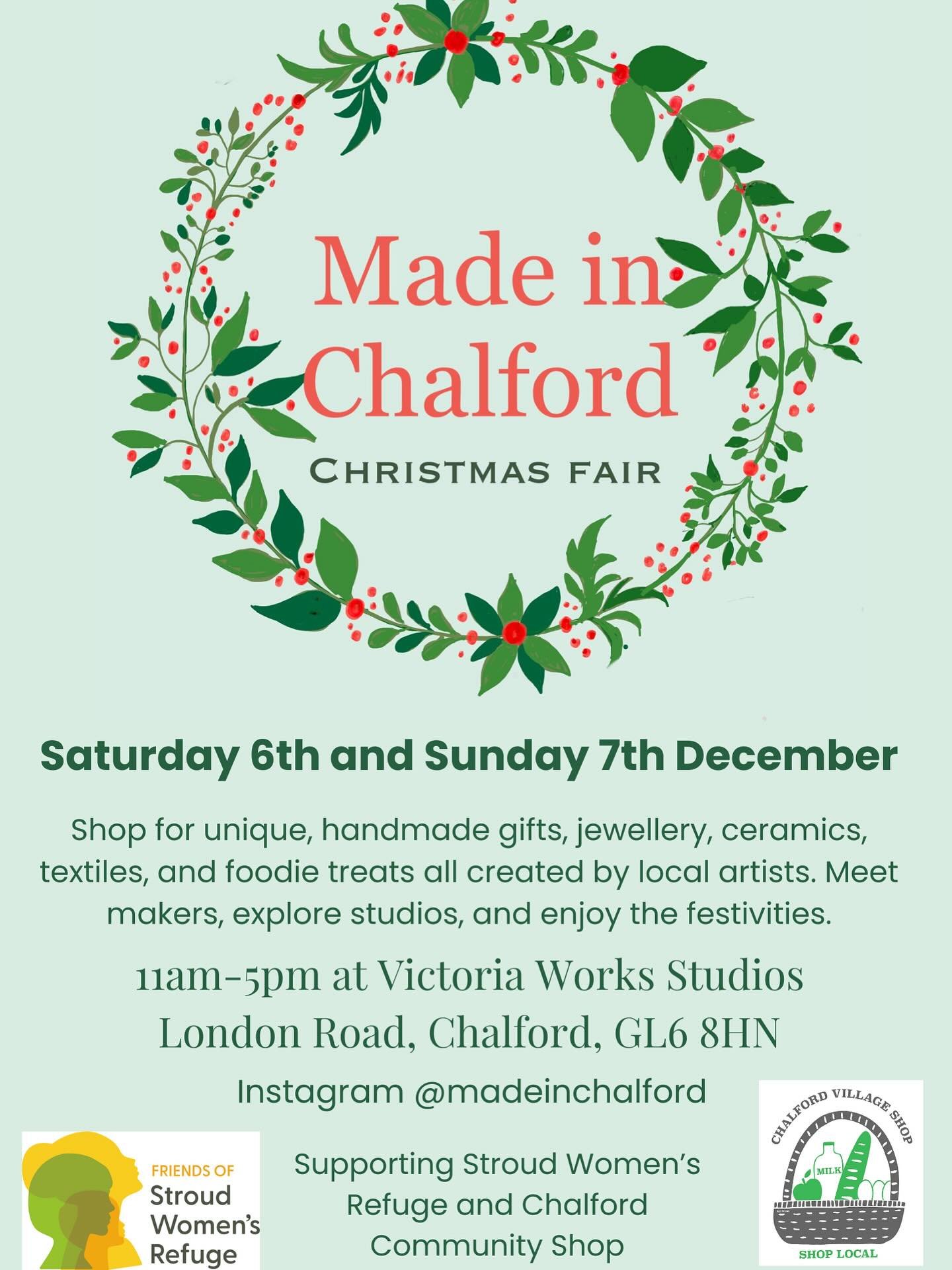 Save the date - 6-7th December Made in Chalford is back! Your perfect chance to shop local and find unique hand made gifts for your loved ones. Shop local and support small independent artists and businesses this Christmas. 
#shoplocal #shopsmall #su