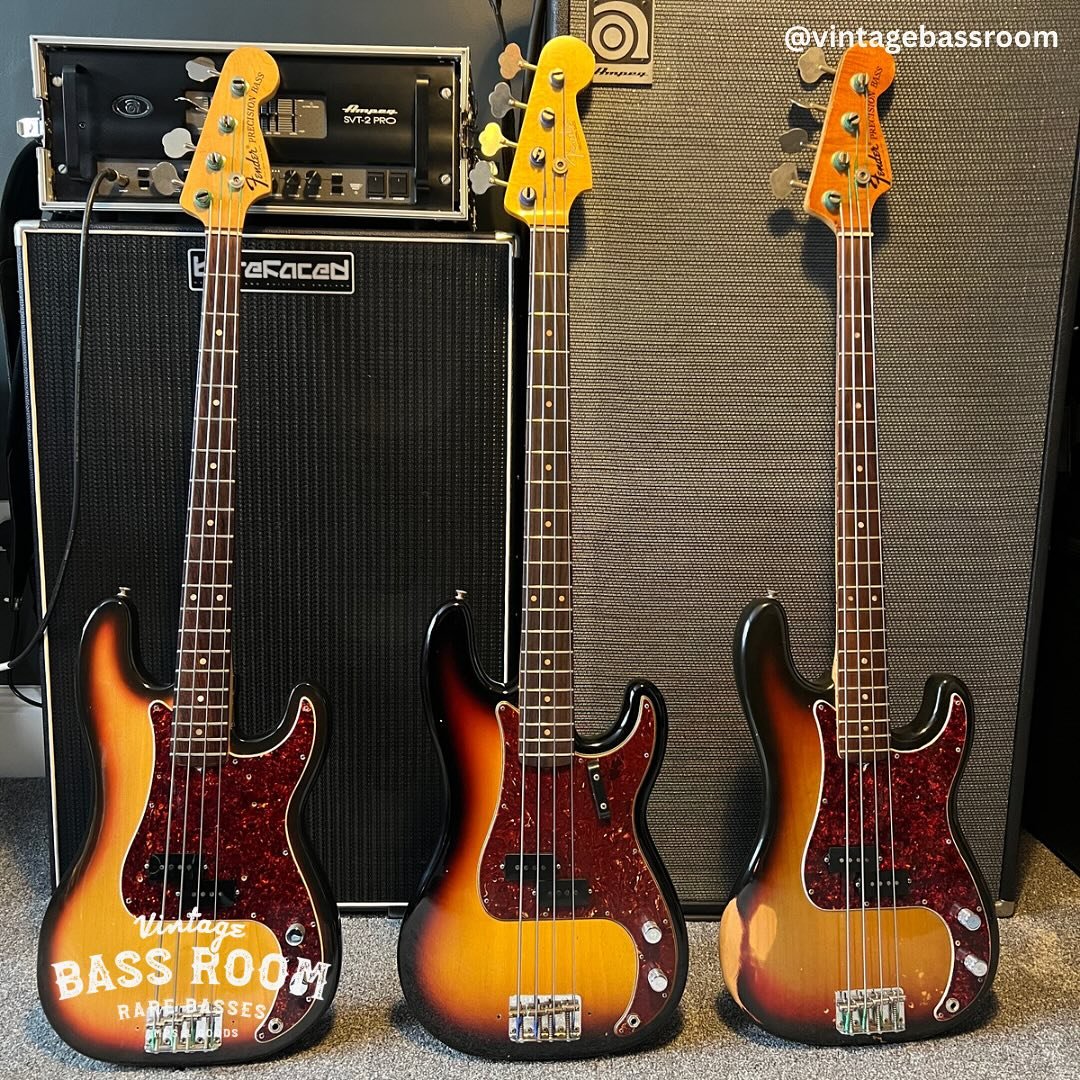 Kicking off #thumpinthursday with a beautiful trio of Sunburst Precision basses. All 3 and more available on the website now.

1971 Fender Precision
1963 Fender Pre CBS
1972 Fender Precision

Here at Vintage Bass Room we carry one of the best collect