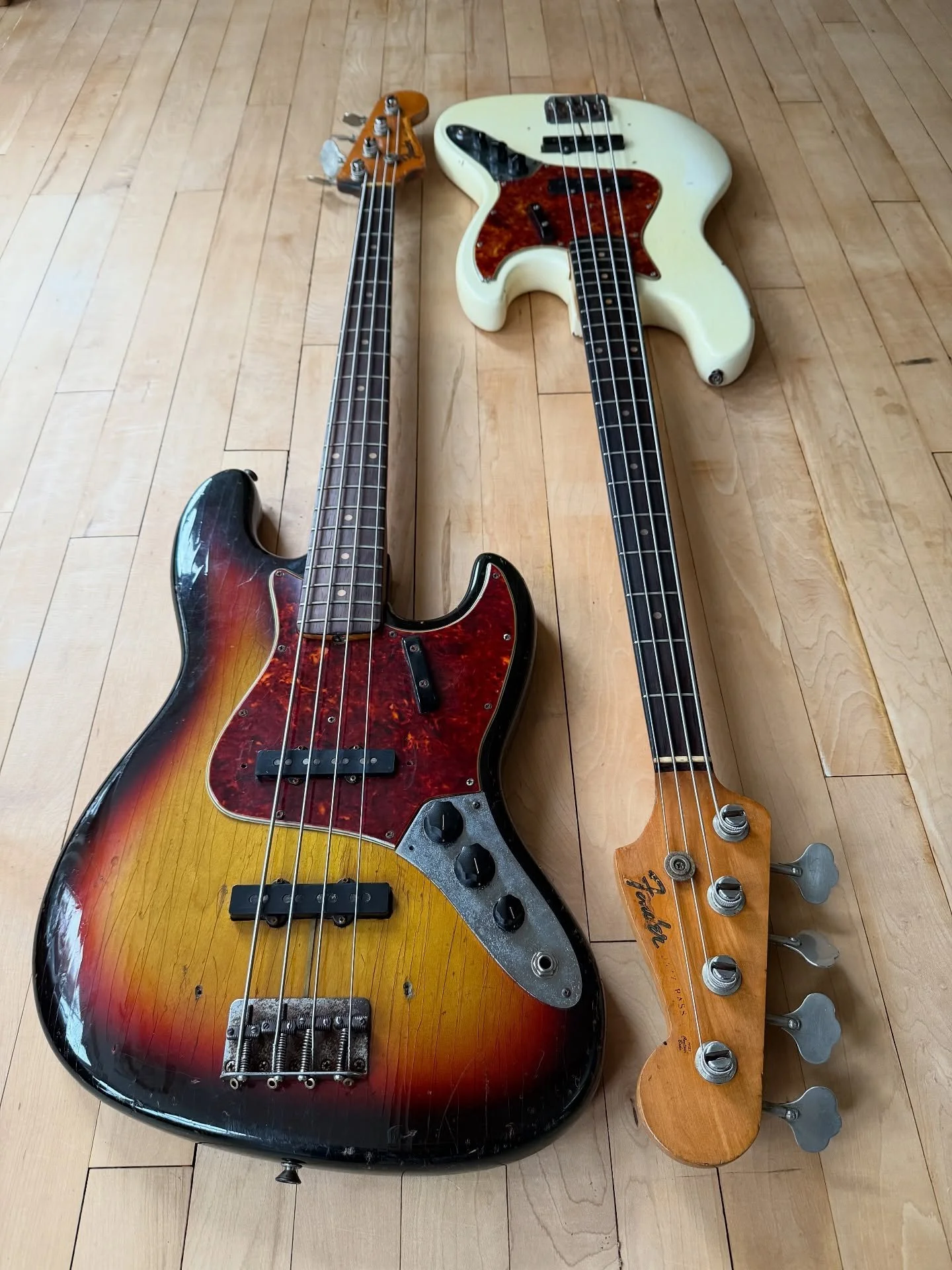 A perfect pair of 1963 Fender Jazz Basses to brighten up a dreary Tuesday. Just arrived but couldn&rsquo;t wait to get a few pics before they go through the workshop here at VBR. Both play and sound incredible. Will be on the website in the coming we