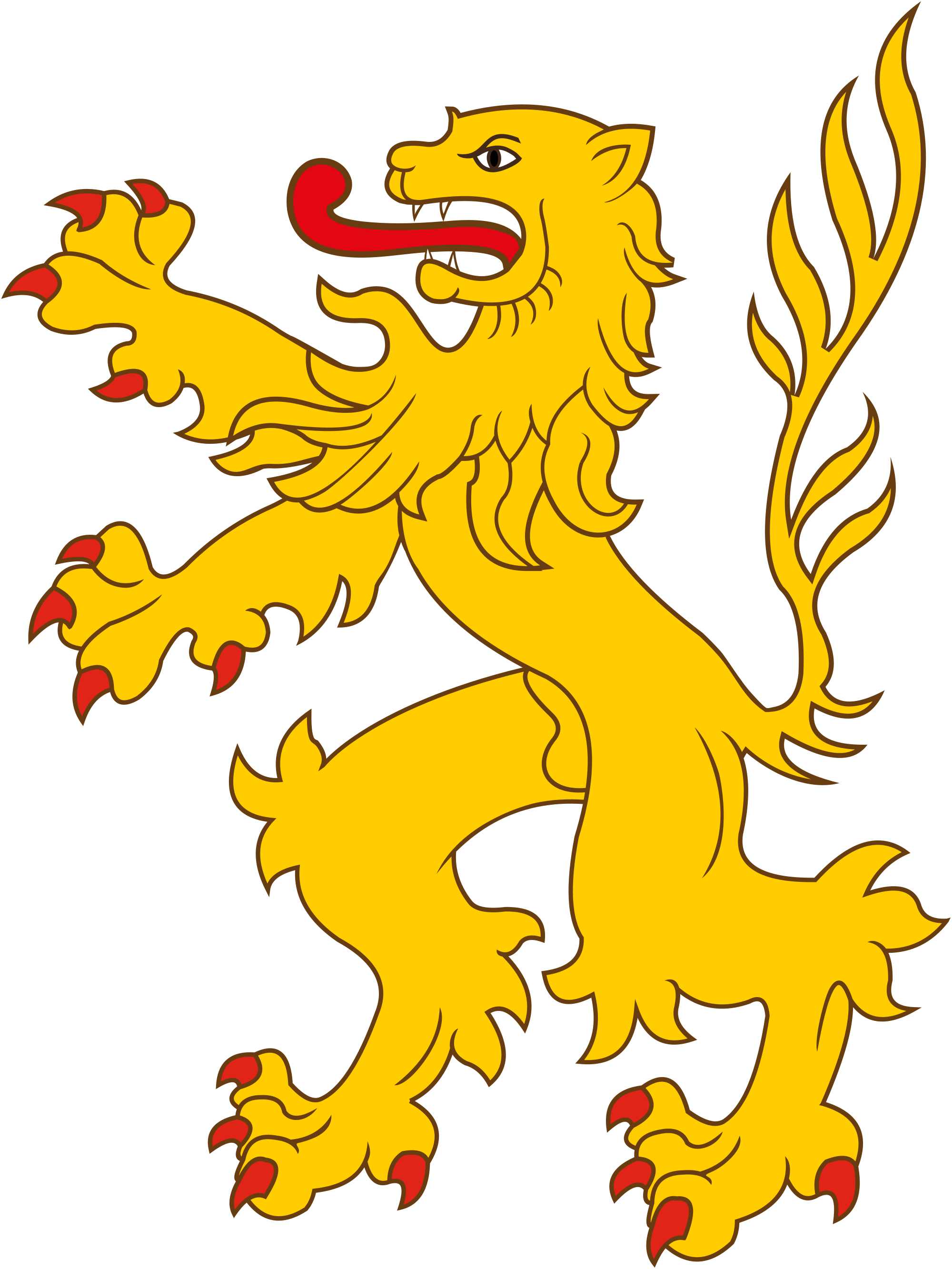 A stylized yellow lion with a red tongue and red claws on a black background.